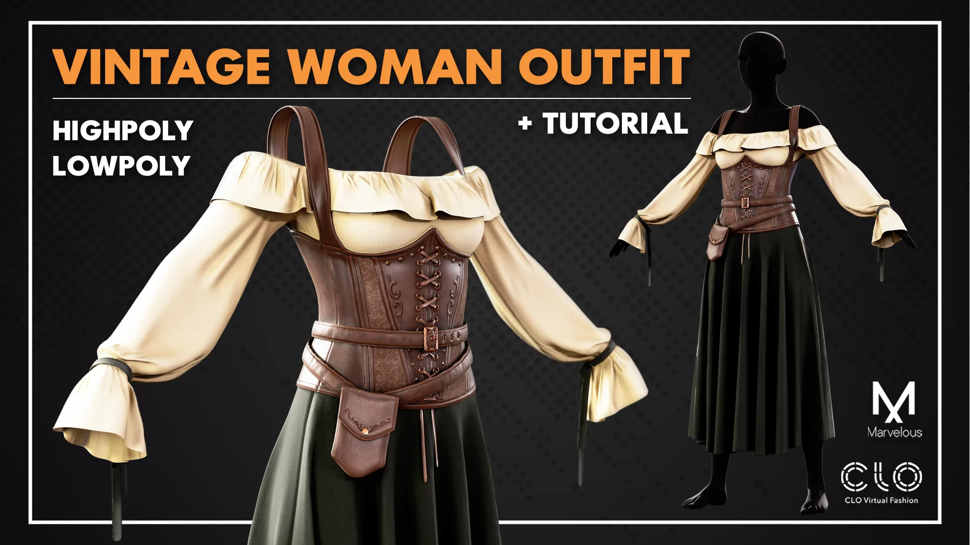 Vintage Women Dress / Marvelous Designer , Clo3d Project + Free Tutorial (Low Poly)