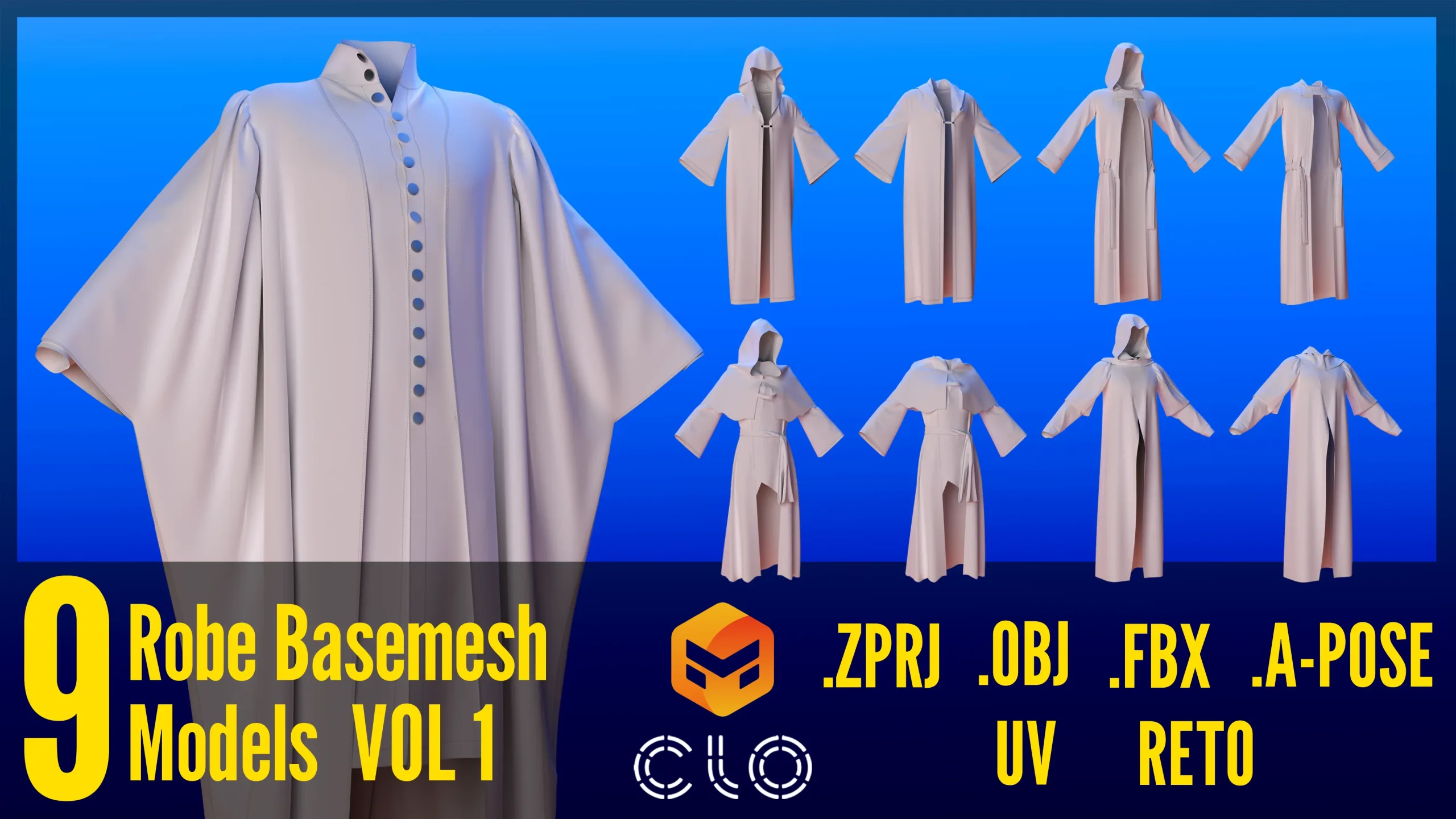 9 Magic / Hogwarts Robe Basemesh Models + Reference Images for texturing + Bonus + Project files