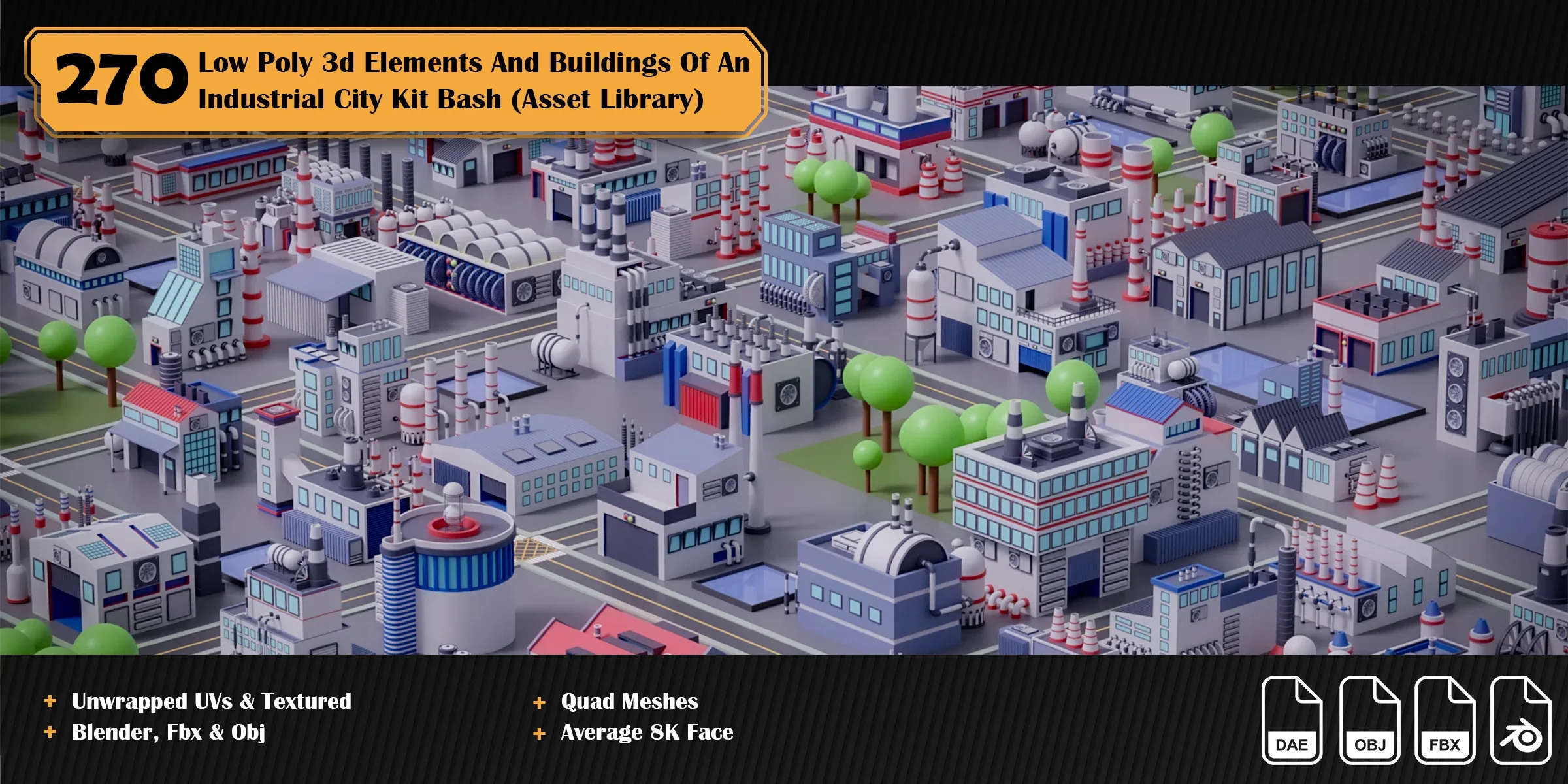 270 3d Elements And Buildings Of An Industrial City Asset Library ( Low Poly Kit Bash )