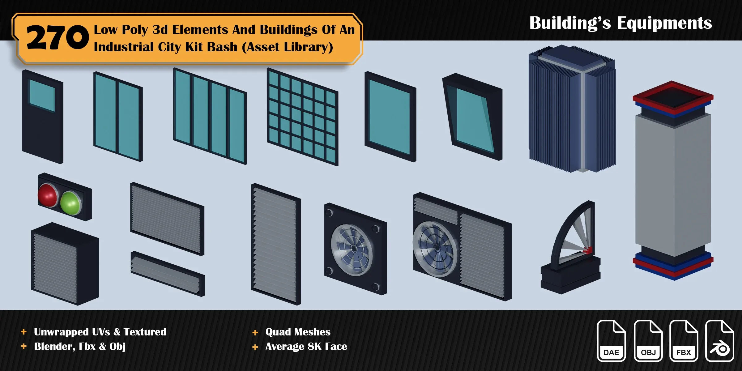 270 3d Elements And Buildings Of An Industrial City Asset Library ( Low Poly Kit Bash )