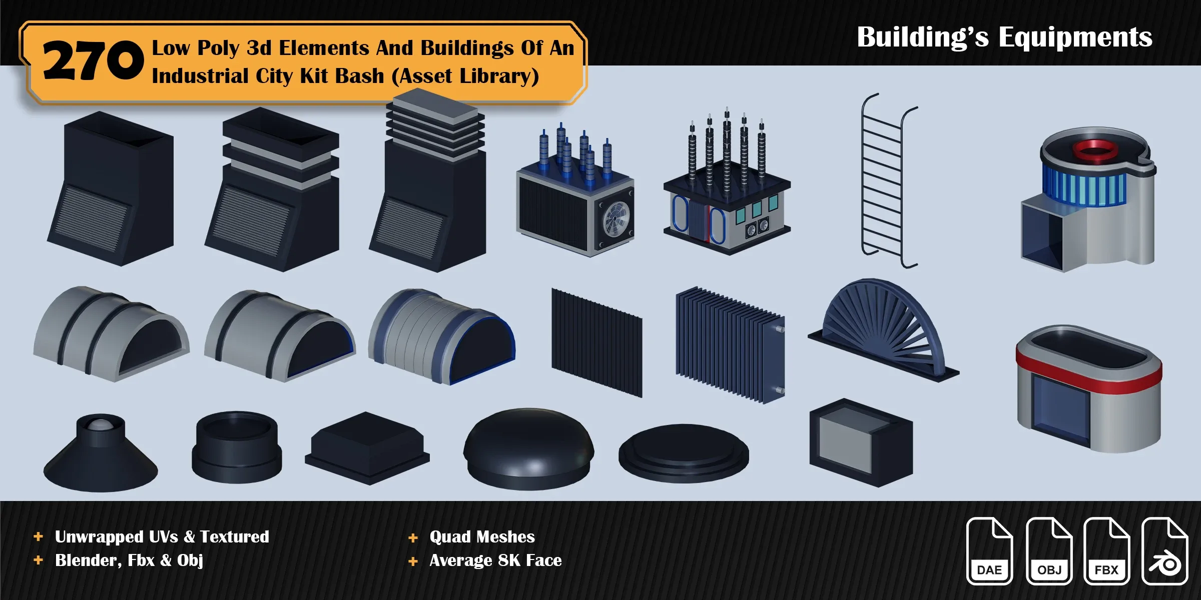 270 3d Elements And Buildings Of An Industrial City Asset Library ( Low Poly Kit Bash )