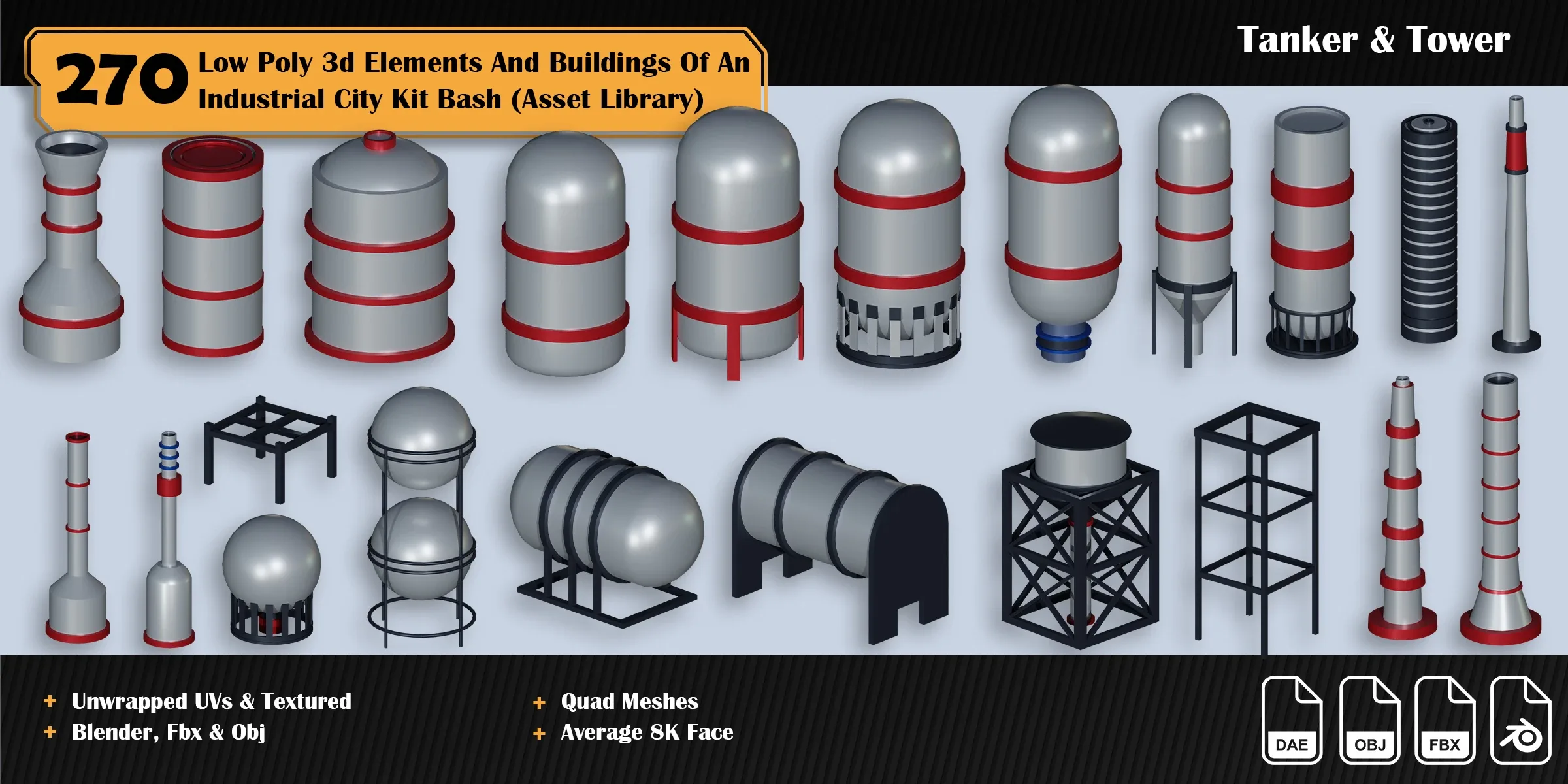 270 3d Elements And Buildings Of An Industrial City Asset Library ( Low Poly Kit Bash )