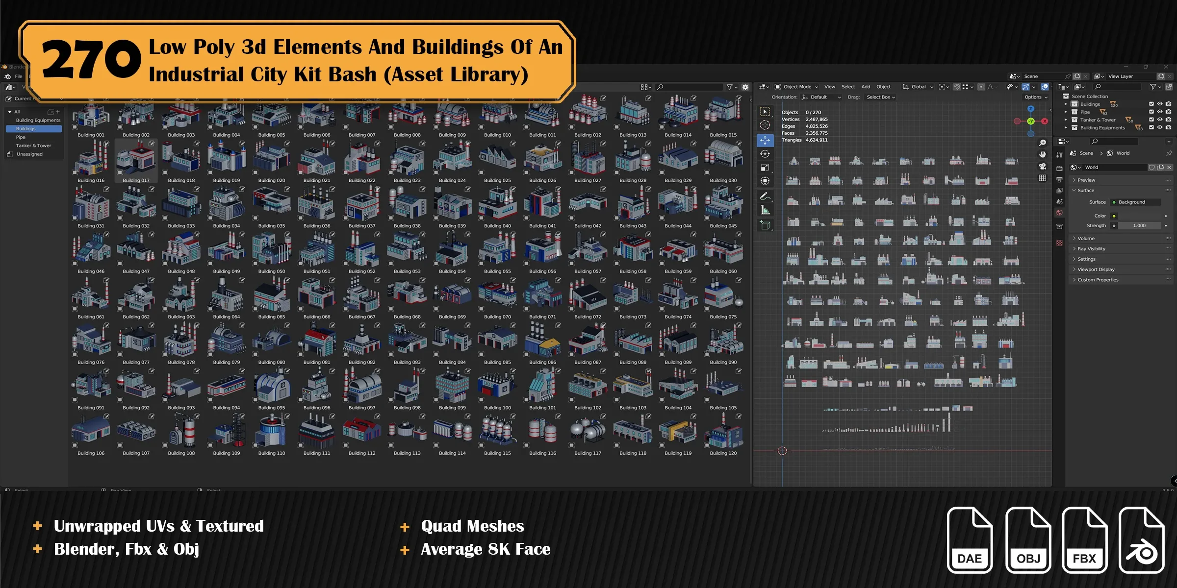 270 3d Elements And Buildings Of An Industrial City Asset Library ( Low Poly Kit Bash )