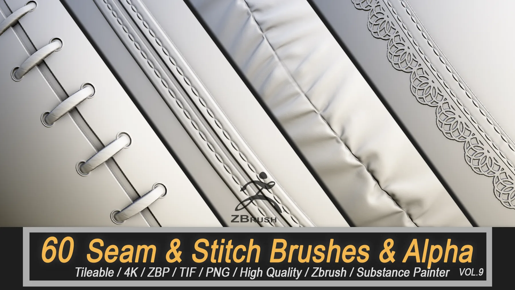 60 Seam & Stitch Brushes & Alpha (Tileable - 4K) VOL.9