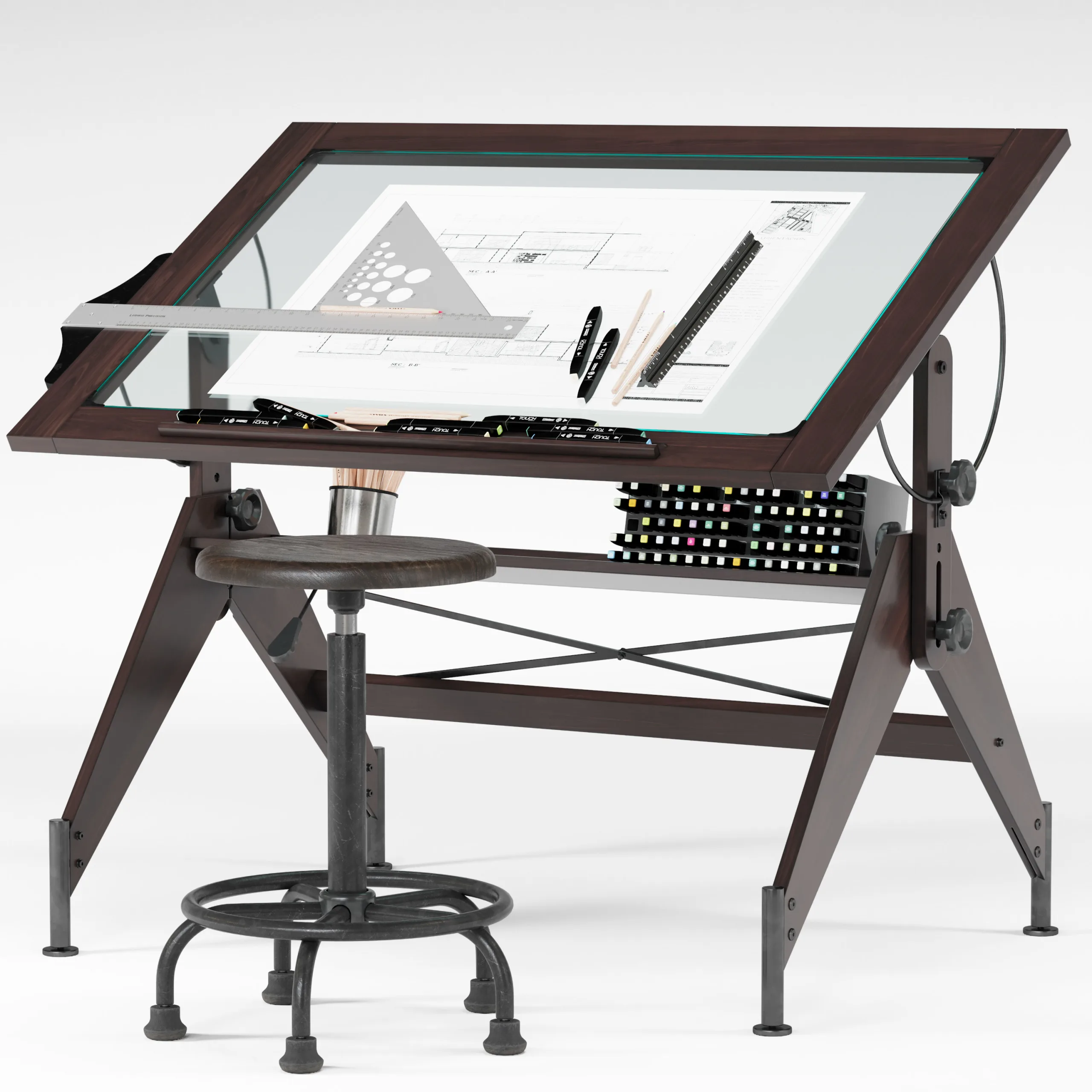 Aries Wood and Glass Drawing Table + Retro Drafting Stool