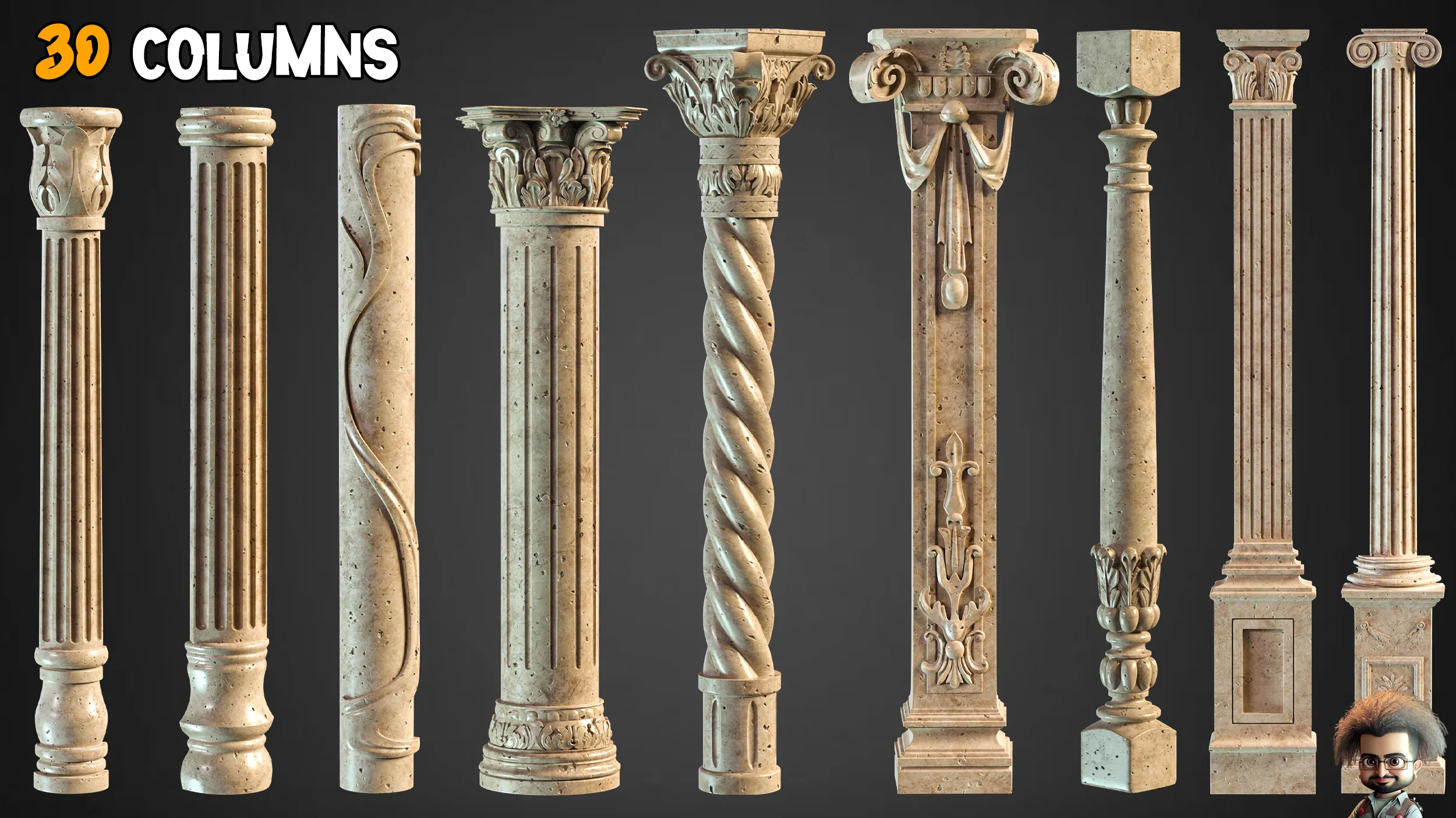 30 Columns + 33 Ornaments brush + 3D Models  - Free Tutorials – Vol 5