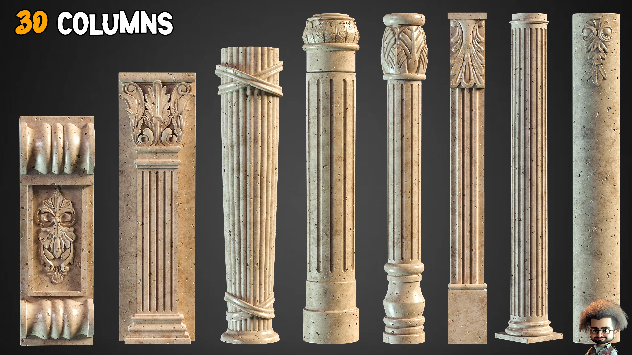 30 Columns + 33 Ornaments brush + 3D Models  - Free Tutorials – Vol 5