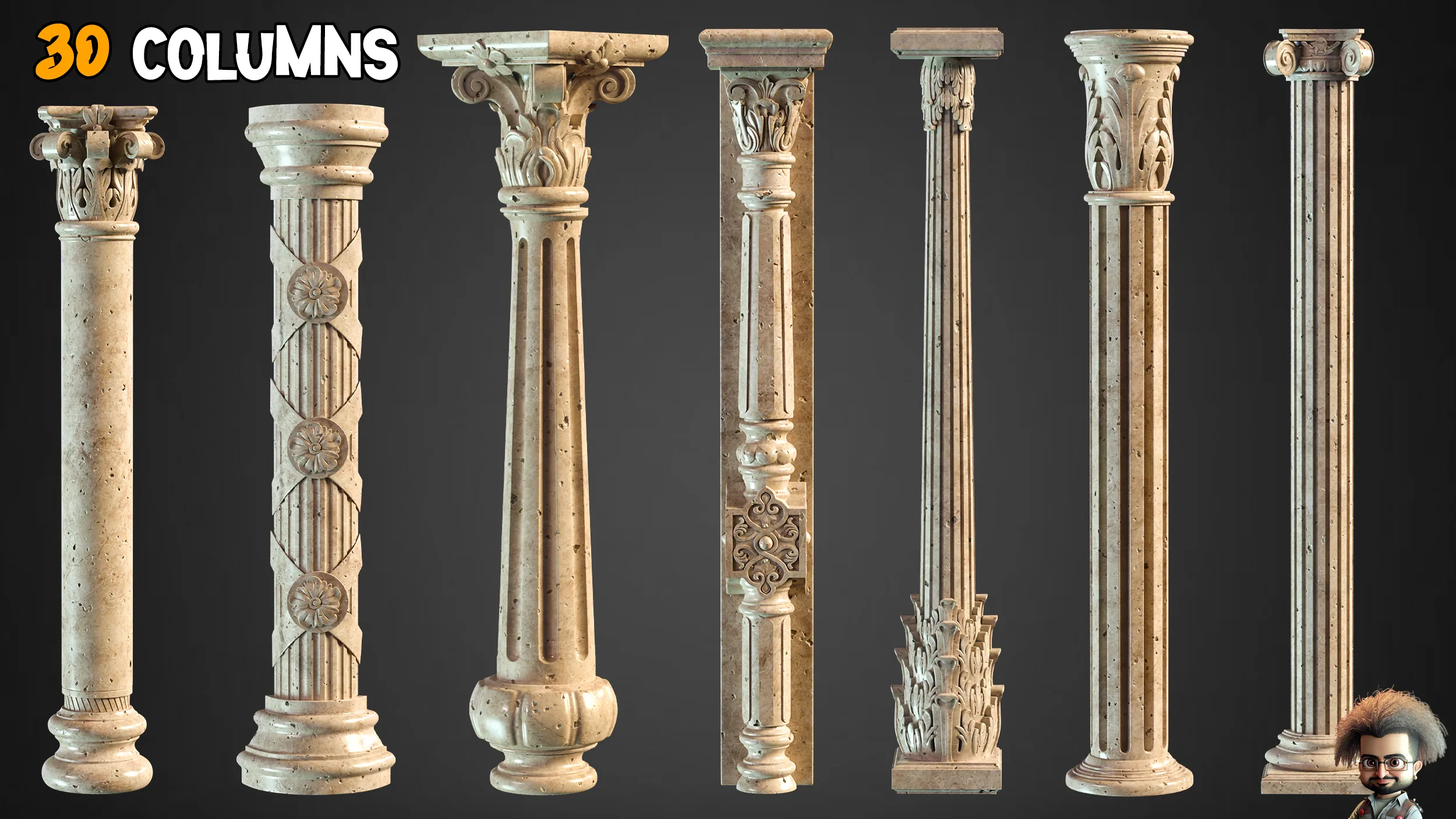 30 Columns + 33 Ornaments brush + 3D Models  - Free Tutorials – Vol 5