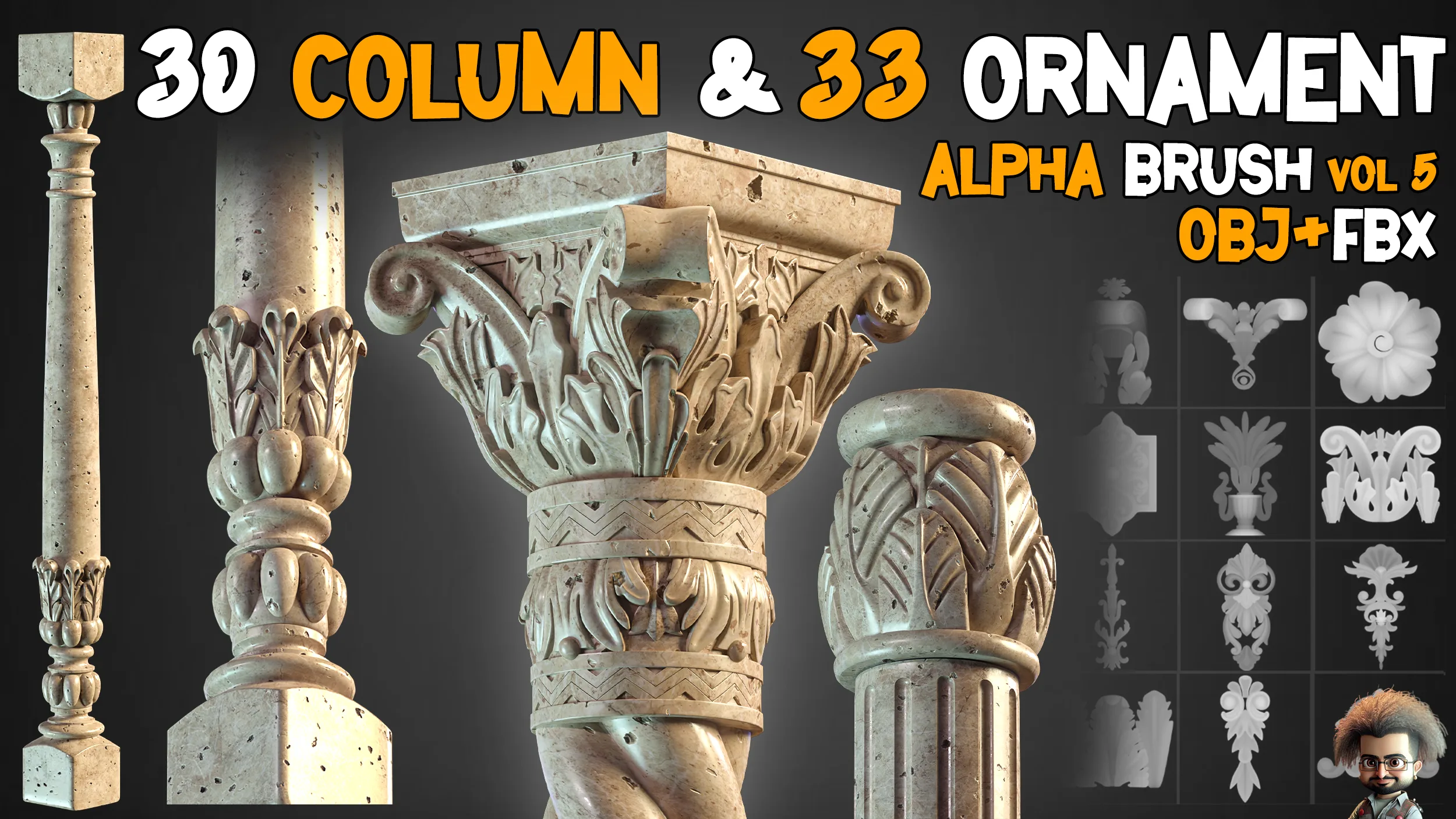 30 Columns + 33 Ornaments brush + 3D Models  - Free Tutorials – Vol 5