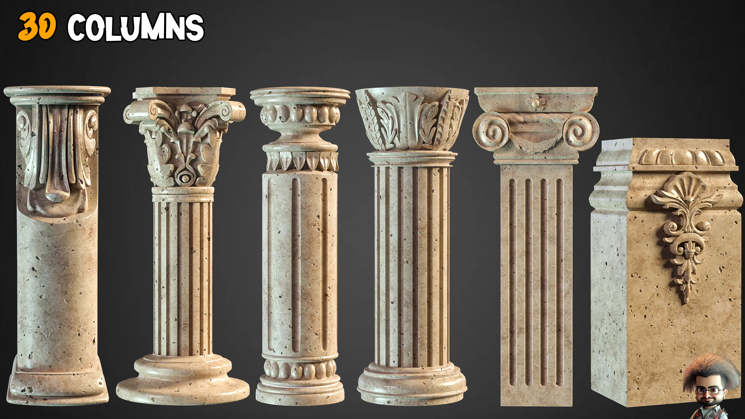 30 Columns + 33 Ornaments brush + 3D Models  - Free Tutorials – Vol 5