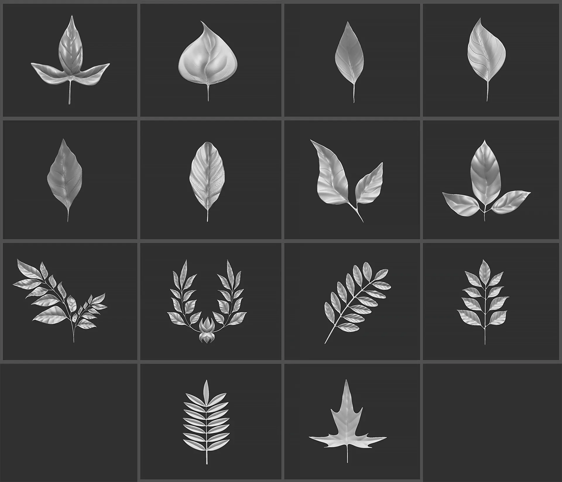 14 high-poly leafs and branches Zbrush IMM brush set.