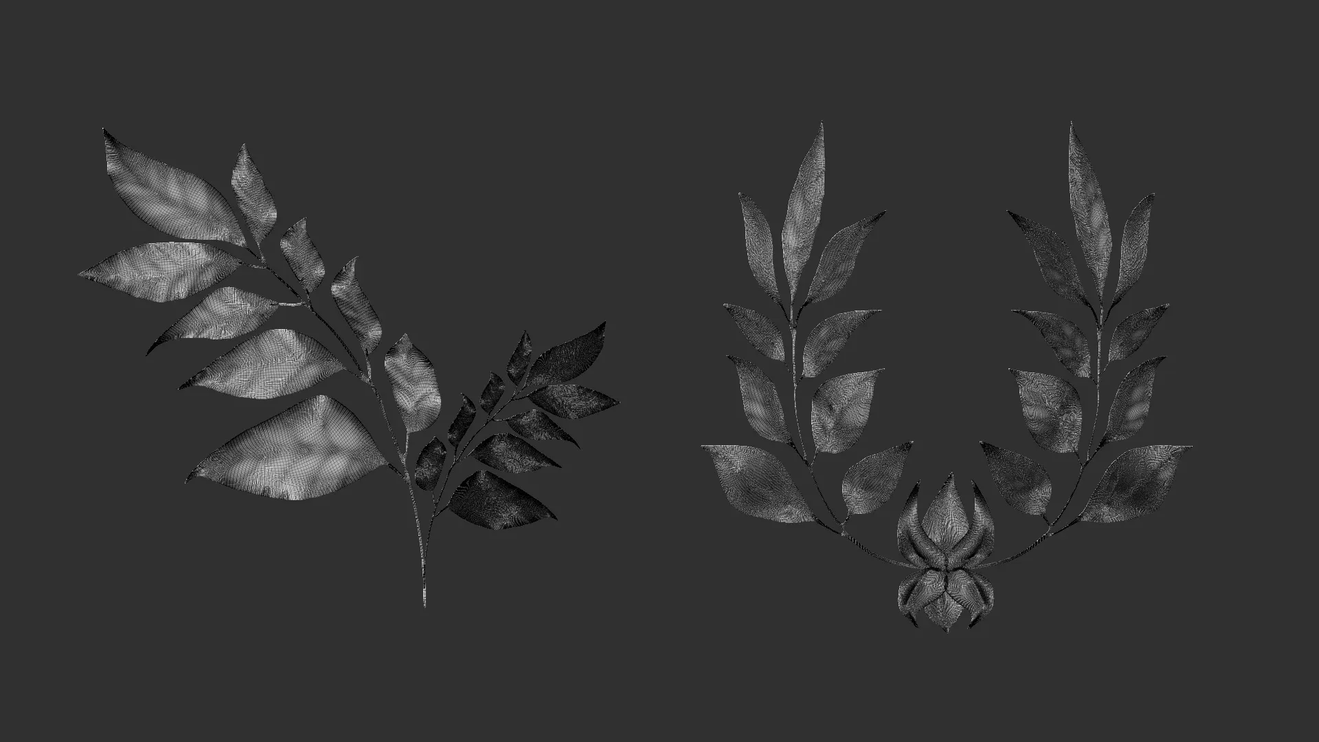 14 high-poly leafs and branches Zbrush IMM brush set.