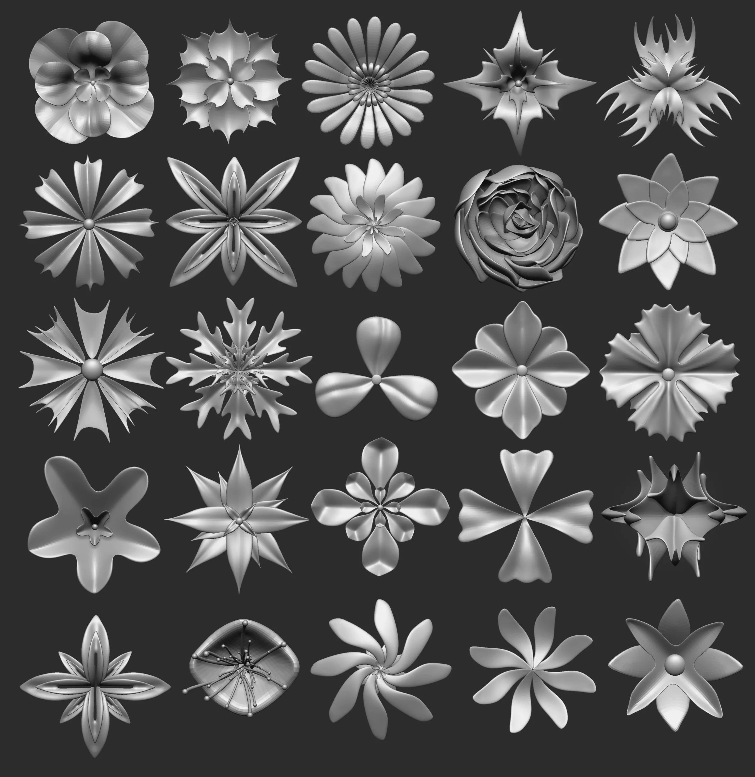 25 Decorative and heraldic flower heads Insert Multi Mesh brush set (IMM) for Zbrush.