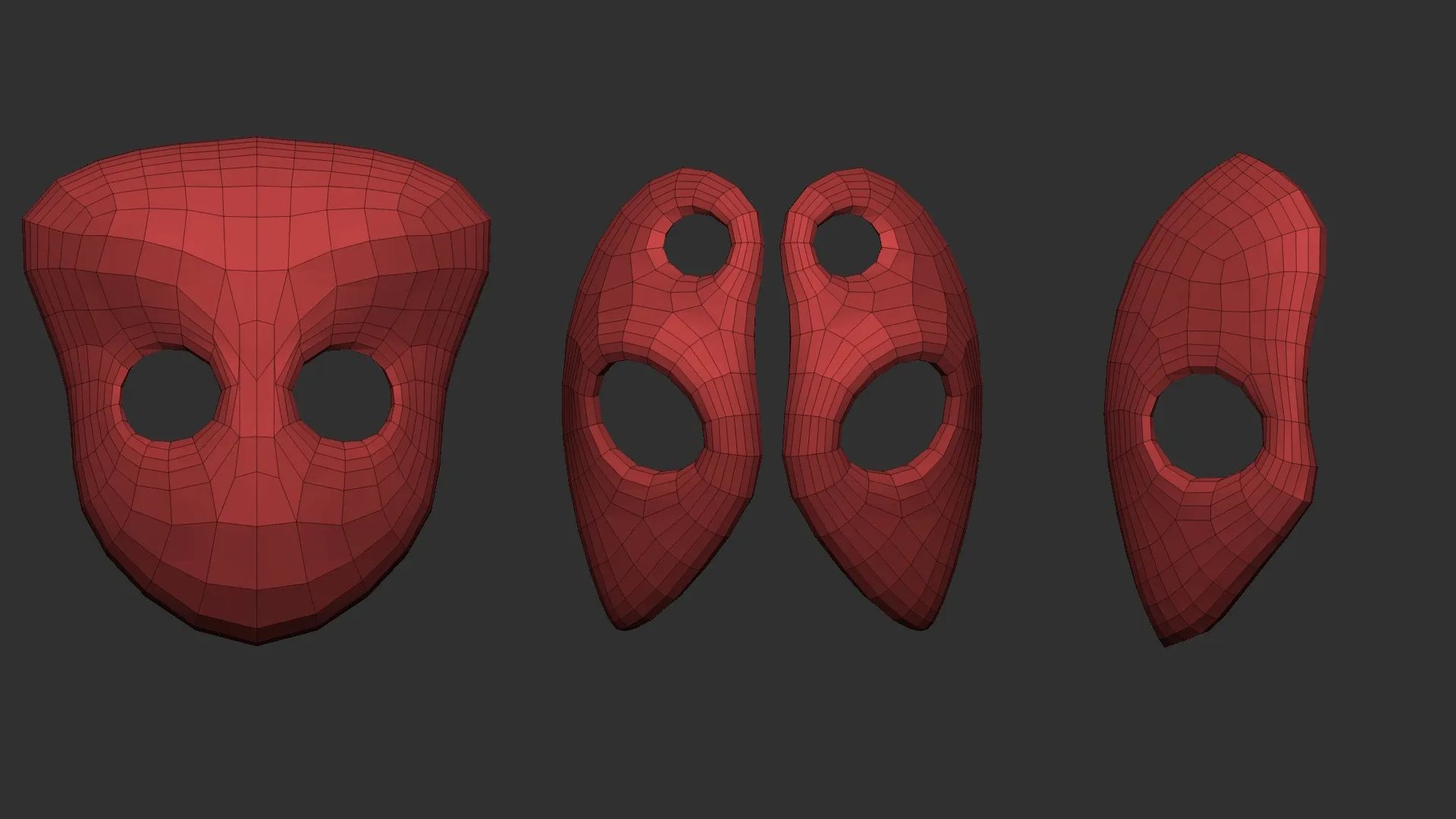 50 low poly mask shapes and base meshes IMM brush set for Zbrush, OBJ and FBX (2020 version) files.