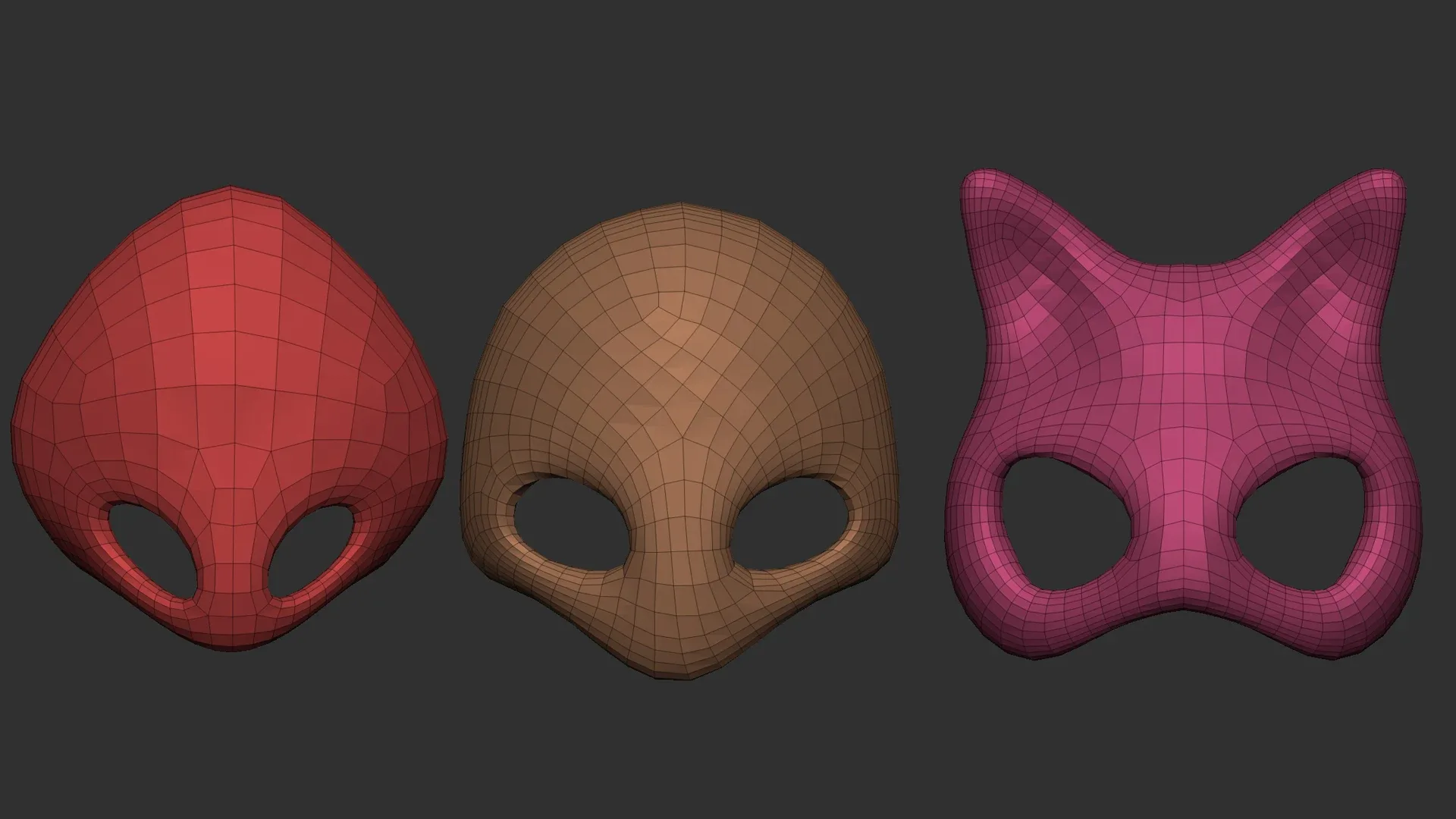 50 low poly mask shapes and base meshes IMM brush set for Zbrush, OBJ and FBX (2020 version) files.