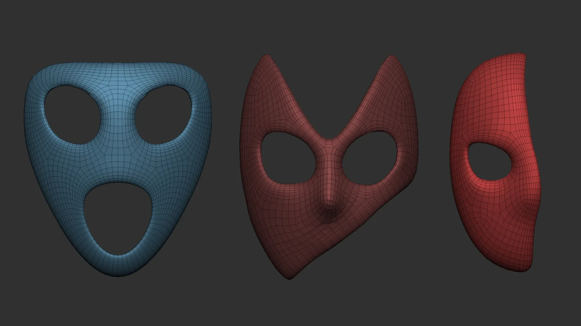 50 low poly mask shapes and base meshes IMM brush set for Zbrush, OBJ and FBX (2020 version) files.