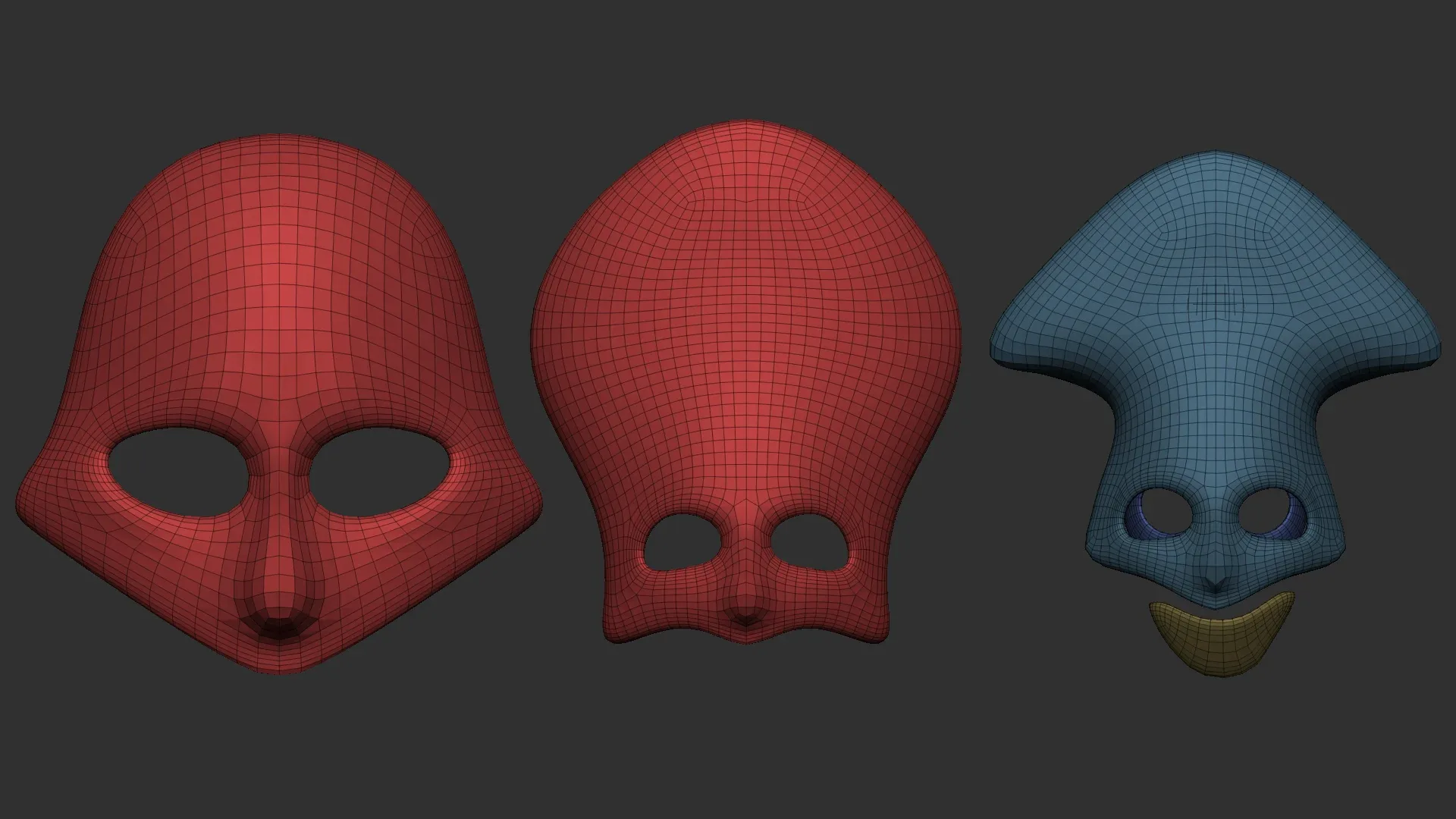 50 low poly mask shapes and base meshes IMM brush set for Zbrush, OBJ and FBX (2020 version) files.