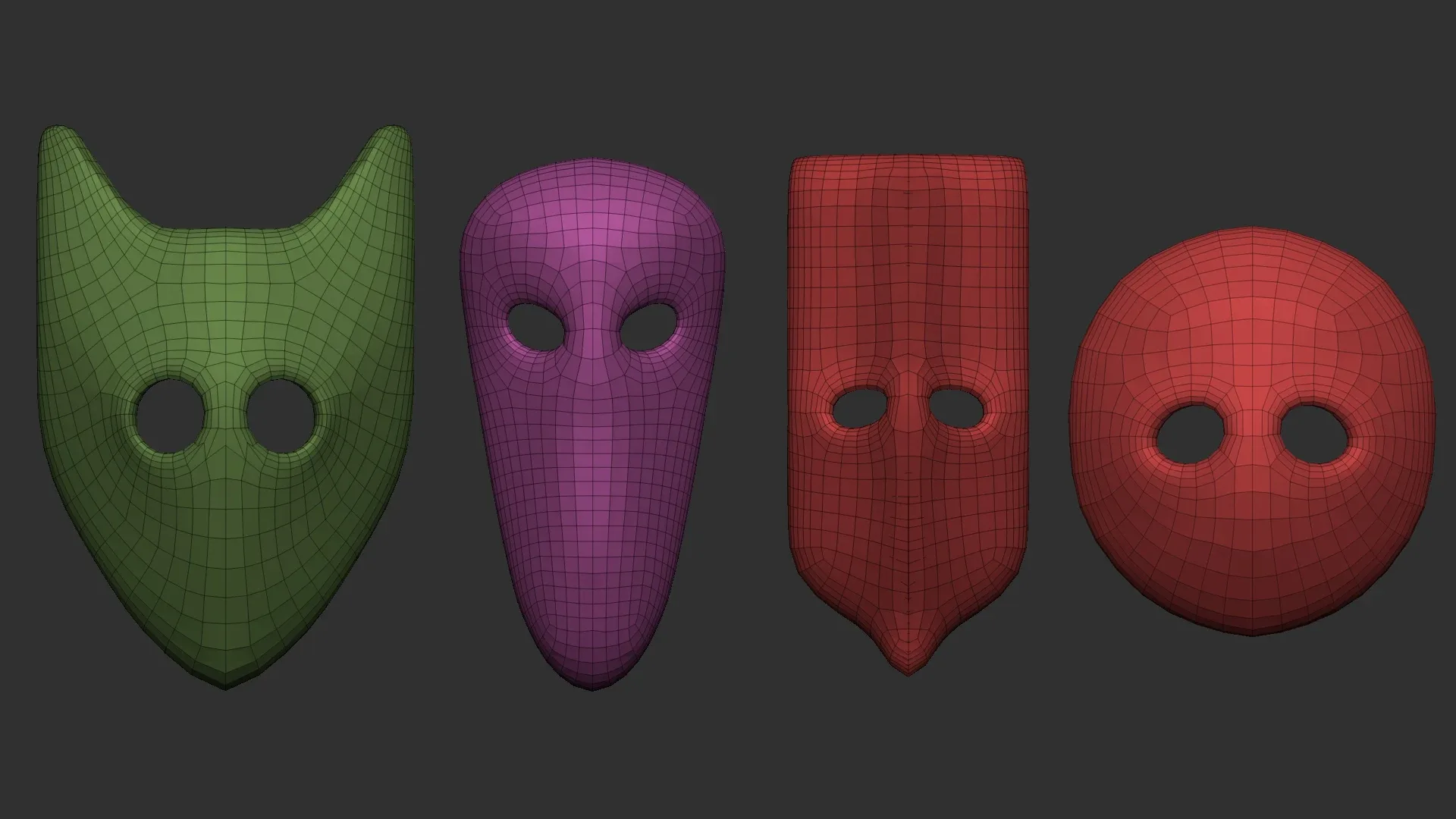 50 low poly mask shapes and base meshes IMM brush set for Zbrush, OBJ and FBX (2020 version) files.