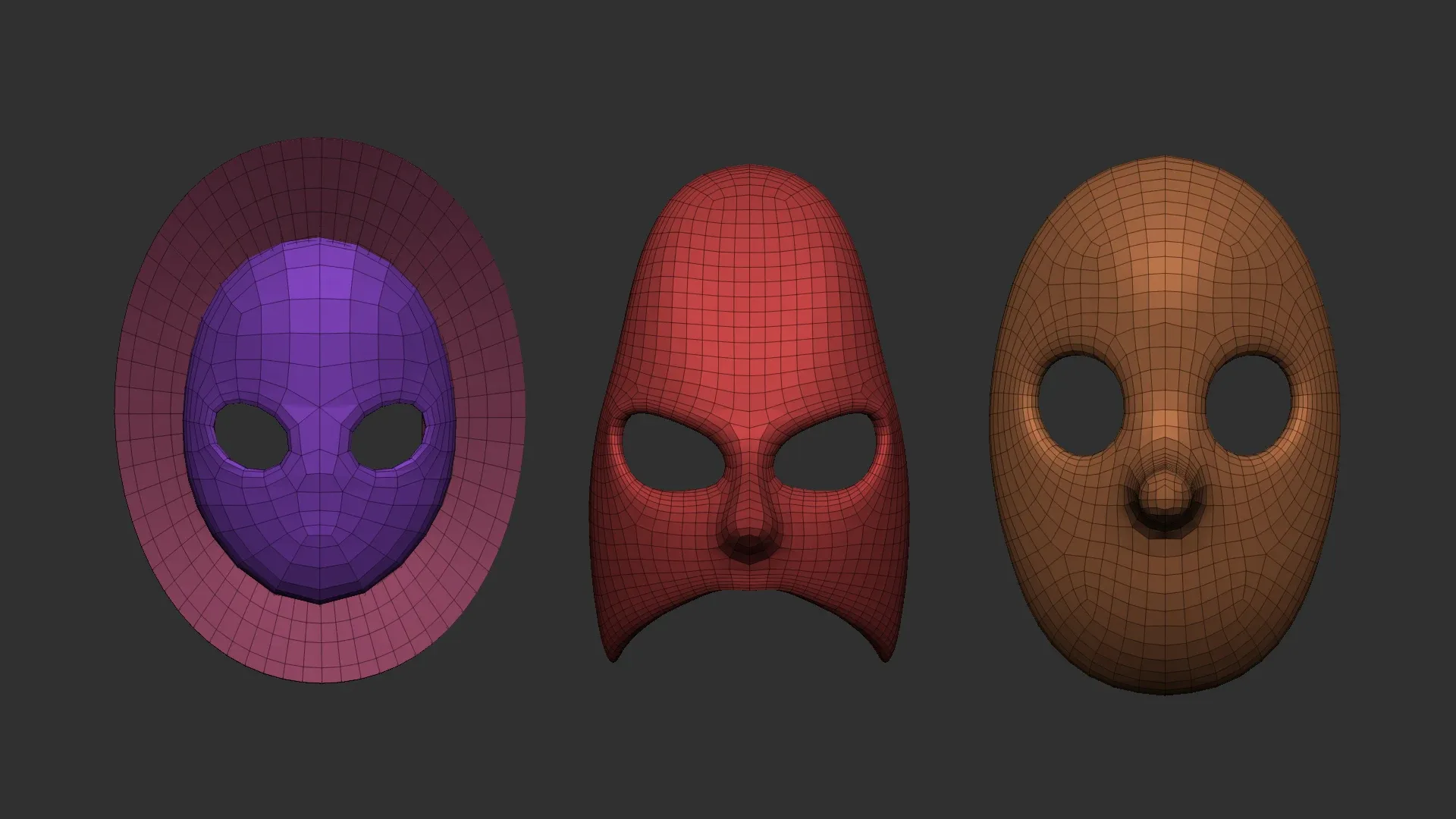 50 low poly mask shapes and base meshes IMM brush set for Zbrush, OBJ and FBX (2020 version) files.