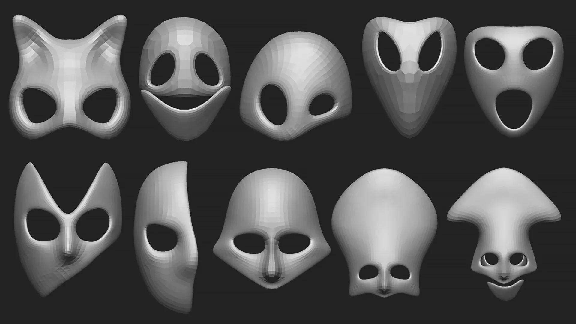 50 low poly mask shapes and base meshes IMM brush set for Zbrush, OBJ and FBX (2020 version) files.