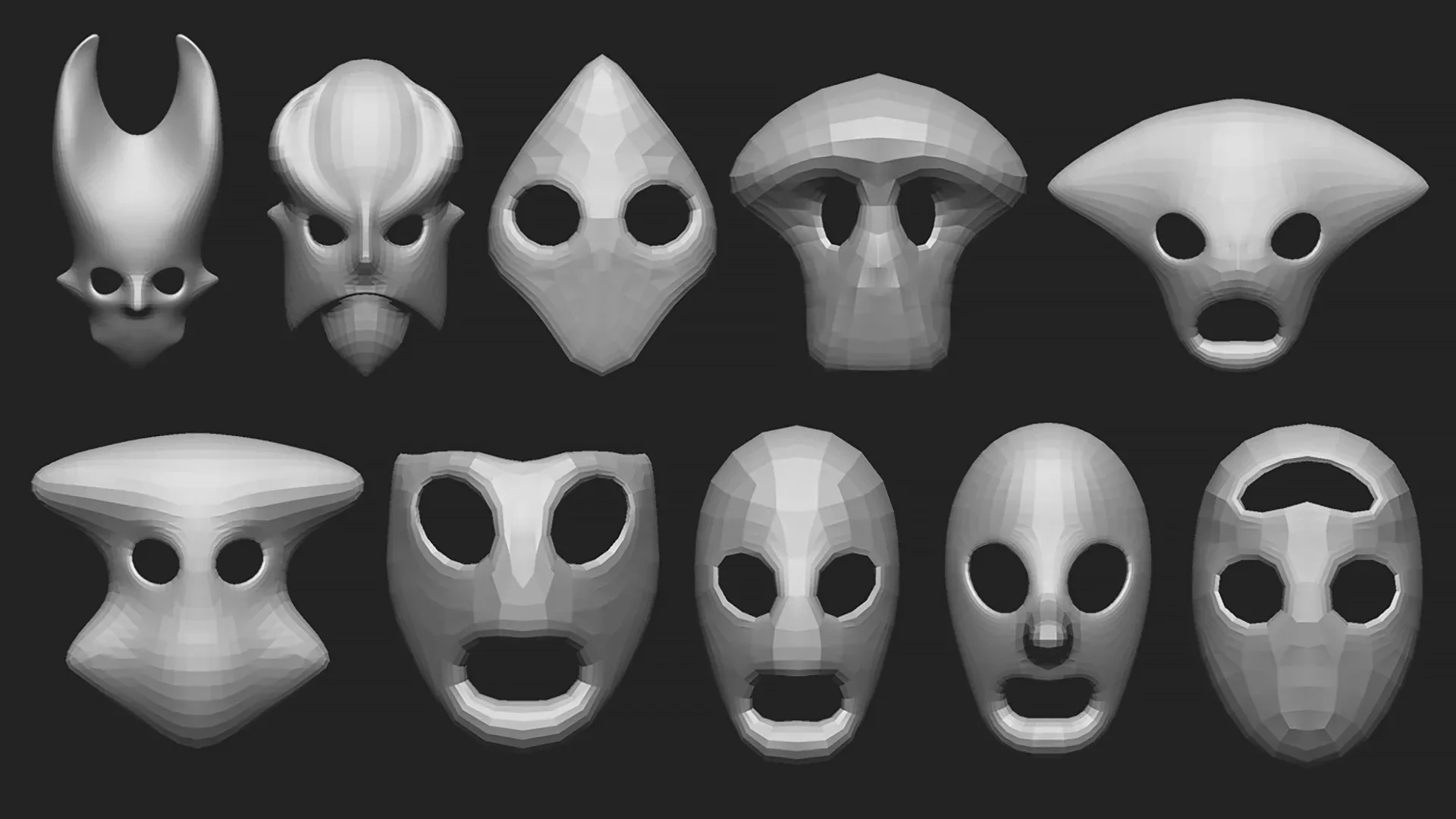 50 low poly mask shapes and base meshes IMM brush set for Zbrush, OBJ and FBX (2020 version) files.