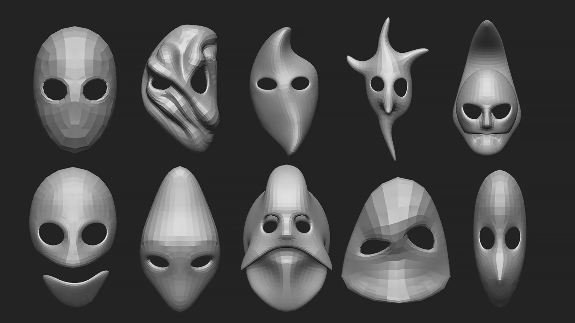 50 low poly mask shapes and base meshes IMM brush set for Zbrush, OBJ and FBX (2020 version) files.