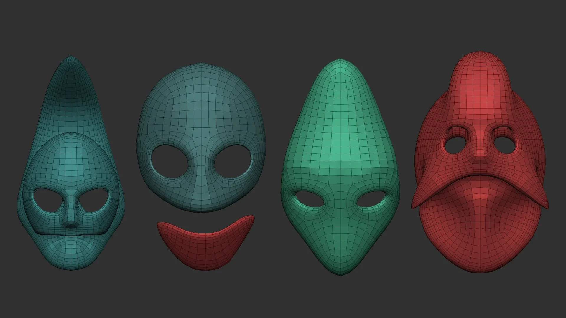 50 low poly mask shapes and base meshes IMM brush set for Zbrush, OBJ and FBX (2020 version) files.