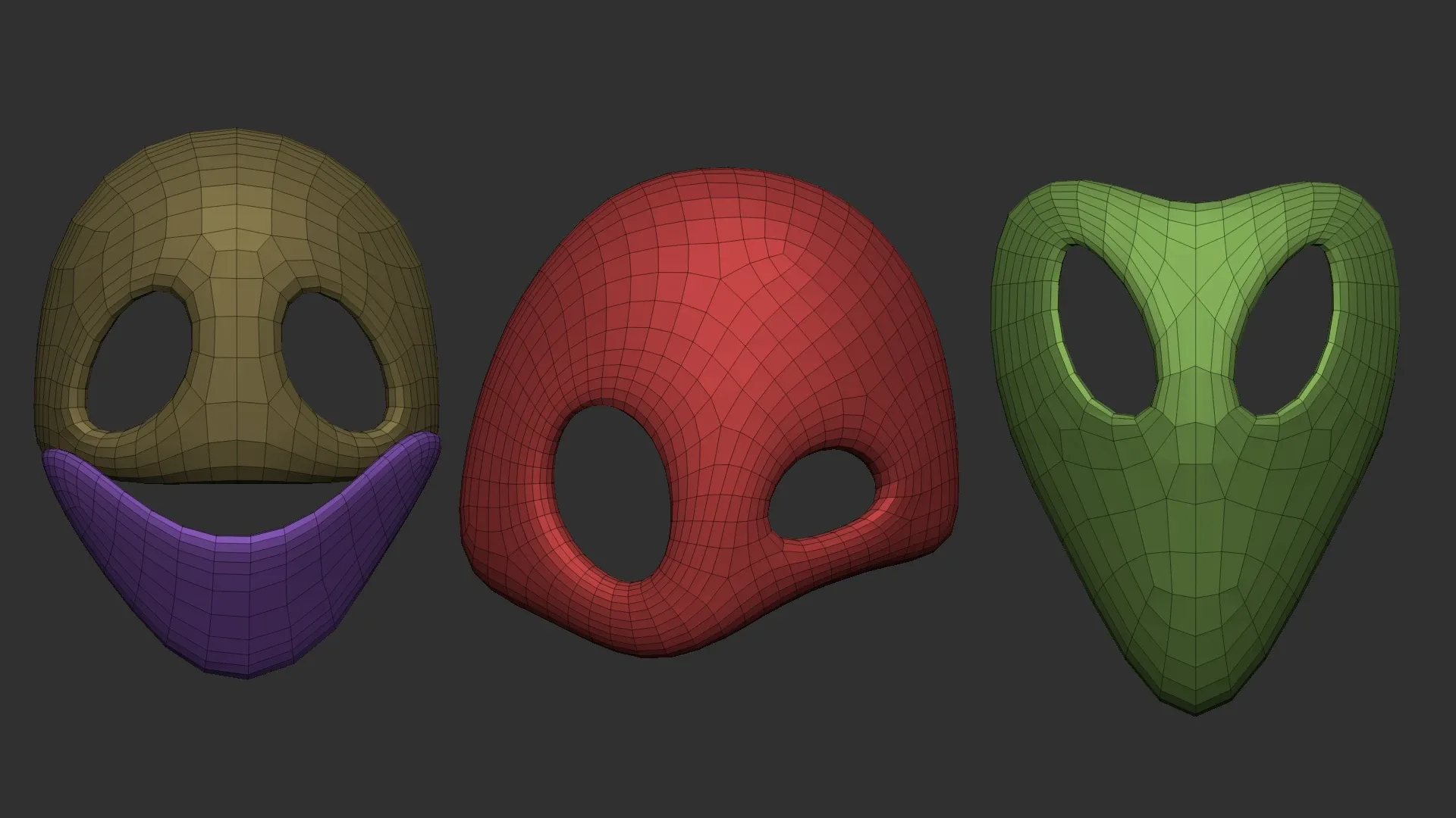 50 low poly mask shapes and base meshes IMM brush set for Zbrush, OBJ and FBX (2020 version) files.