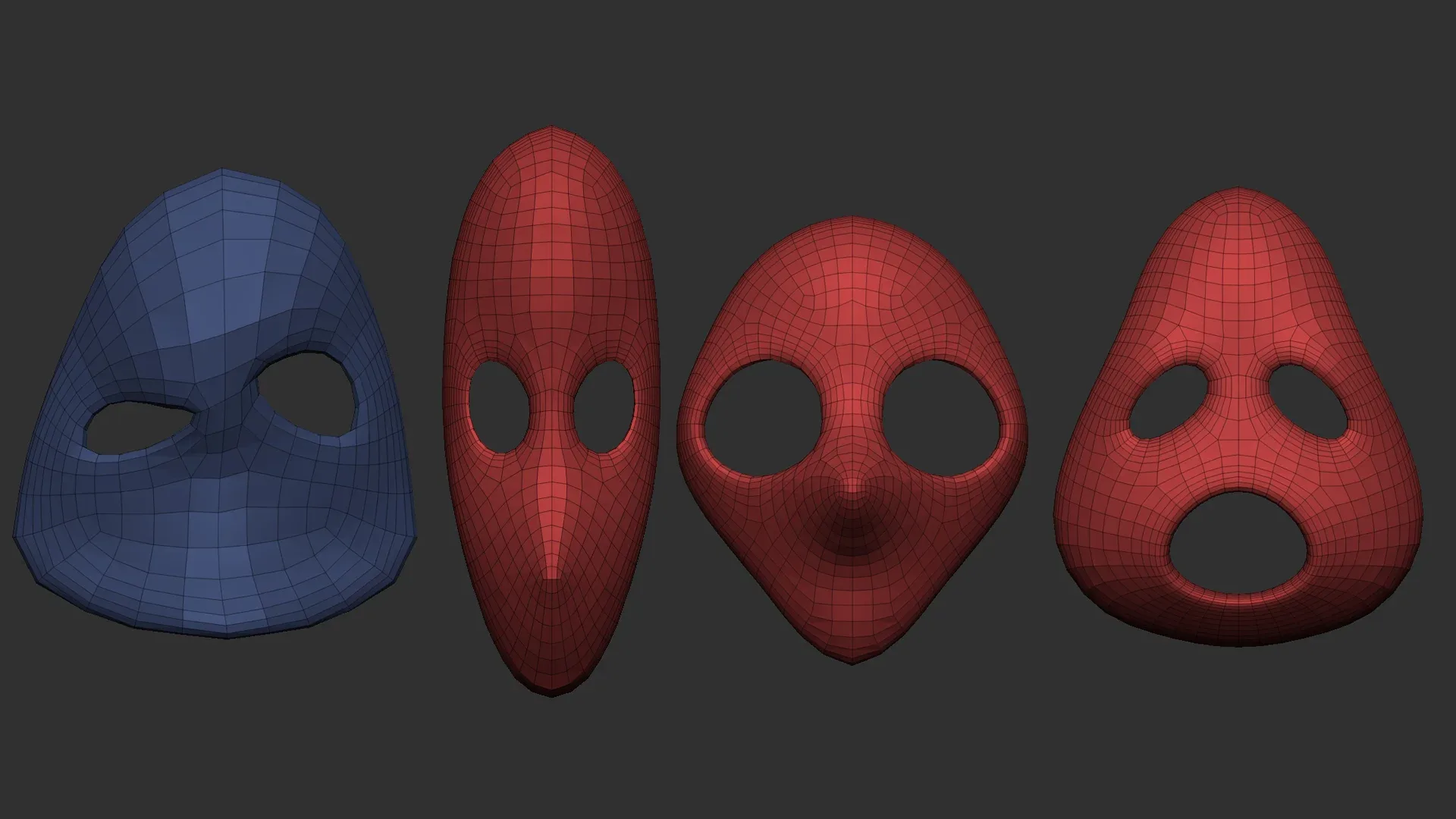 50 low poly mask shapes and base meshes IMM brush set for Zbrush, OBJ and FBX (2020 version) files.