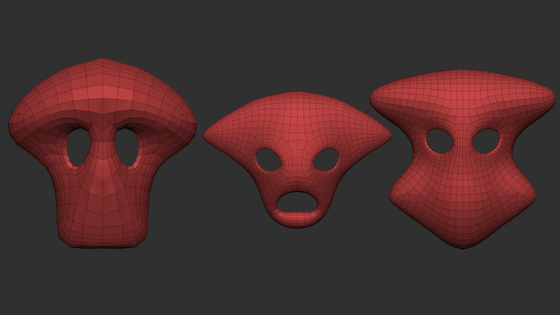 50 low poly mask shapes and base meshes IMM brush set for Zbrush, OBJ and FBX (2020 version) files.