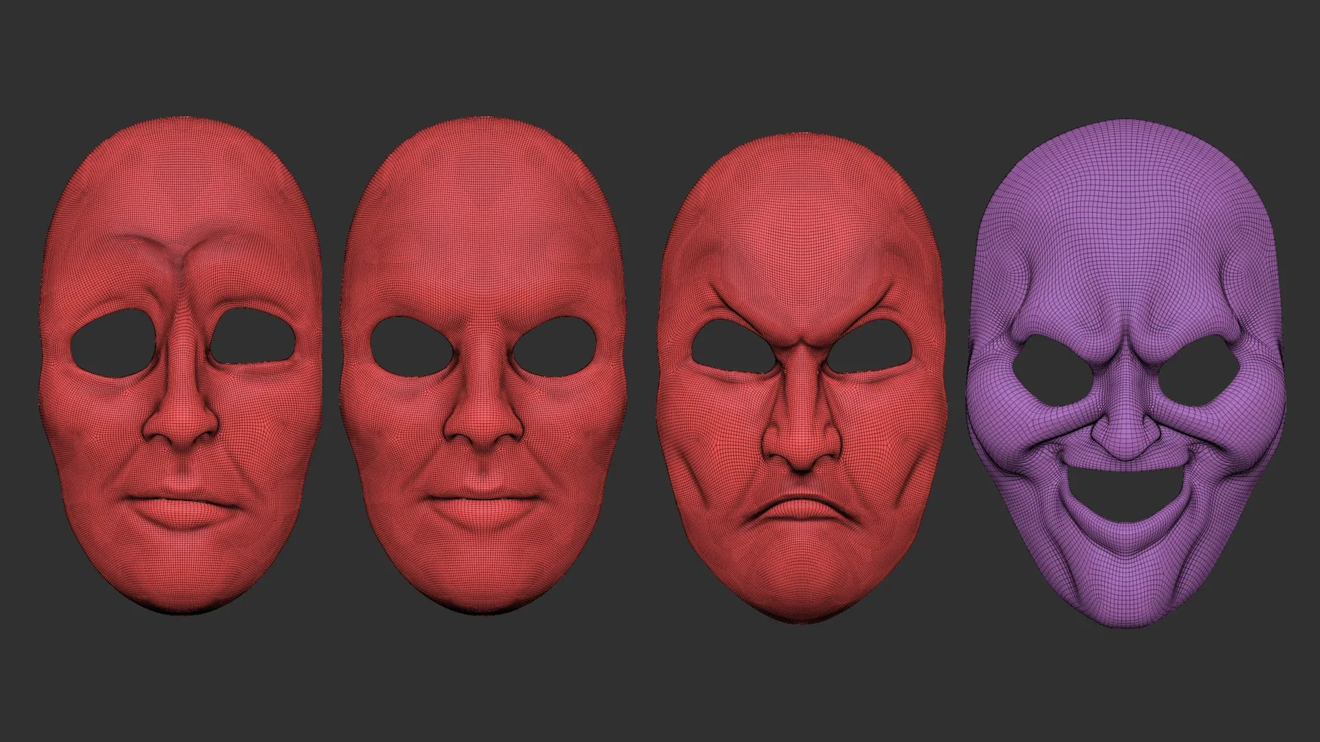 20 mime and facial expression masks IMM zbrush set + obj and fbx files.