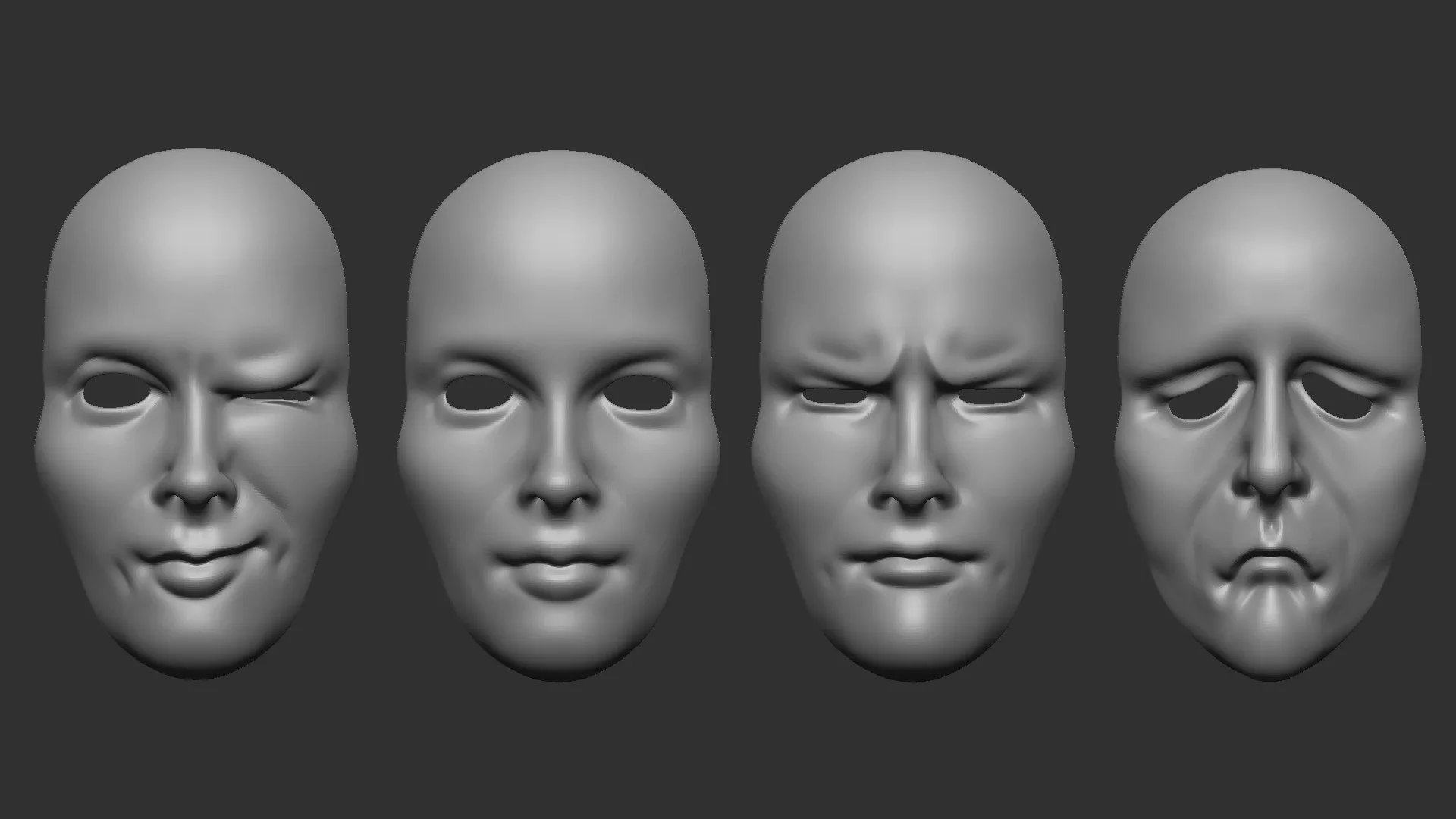 20 mime and facial expression masks IMM zbrush set + obj and fbx files.