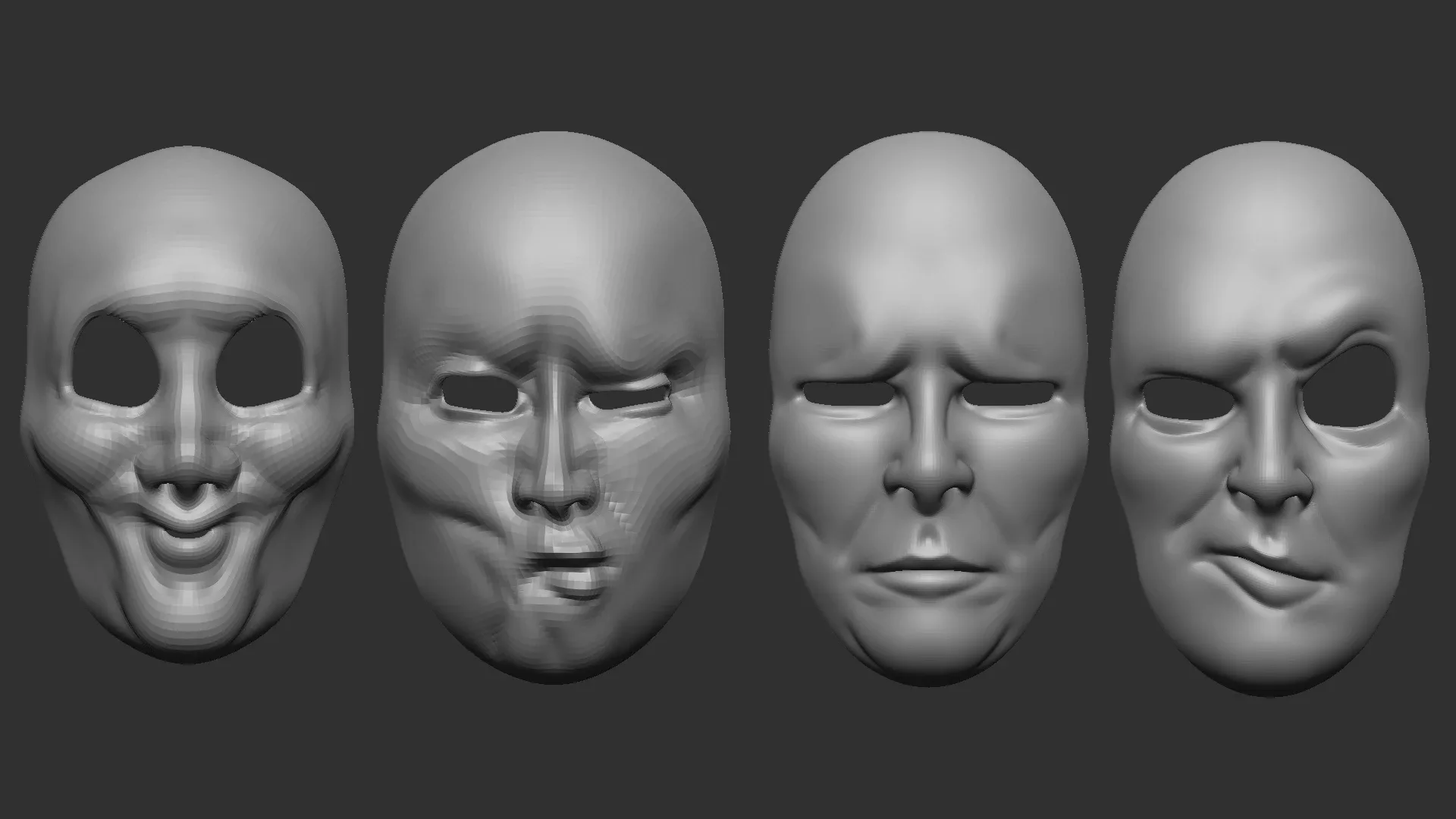 20 mime and facial expression masks IMM zbrush set + obj and fbx files.