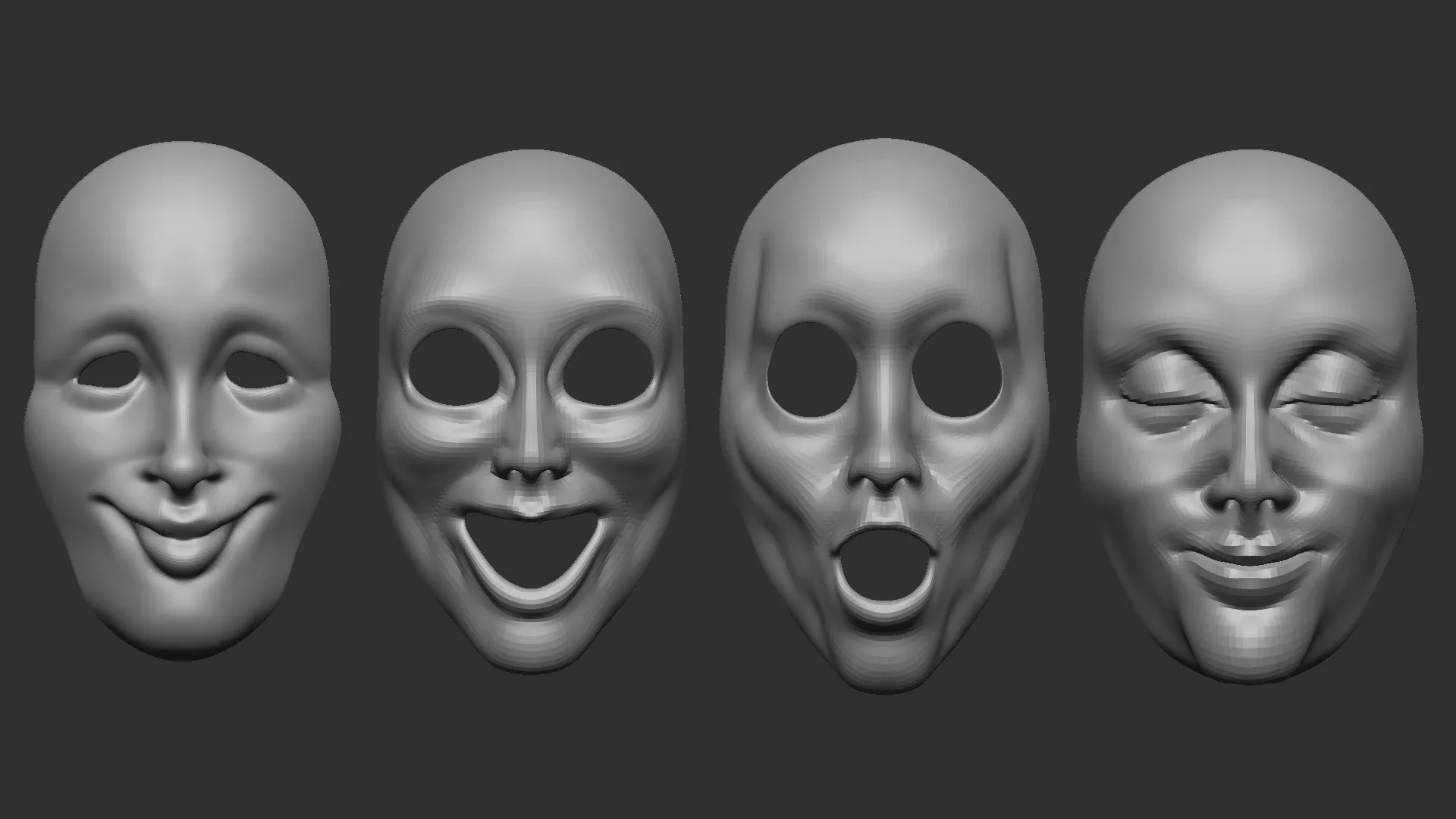 20 mime and facial expression masks IMM zbrush set + obj and fbx files.