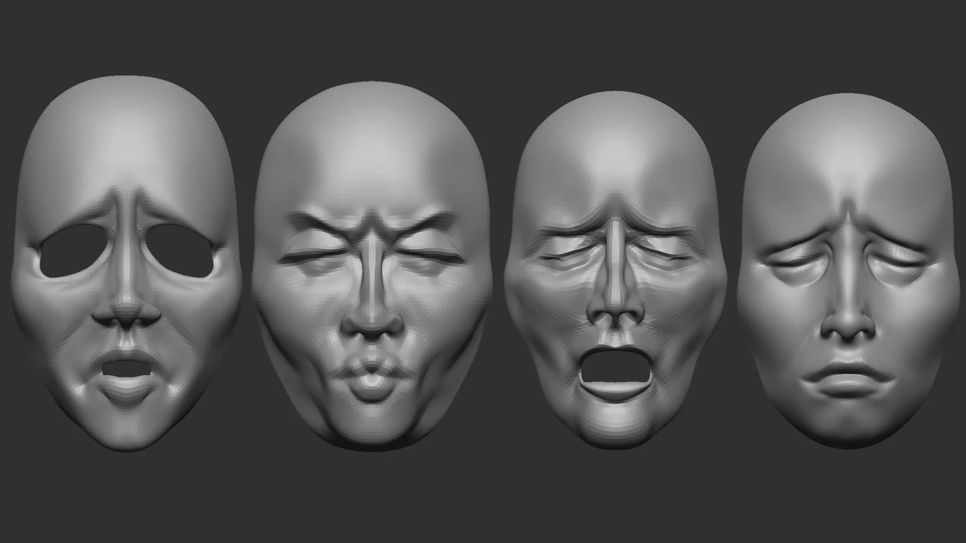 20 mime and facial expression masks IMM zbrush set + obj and fbx files.