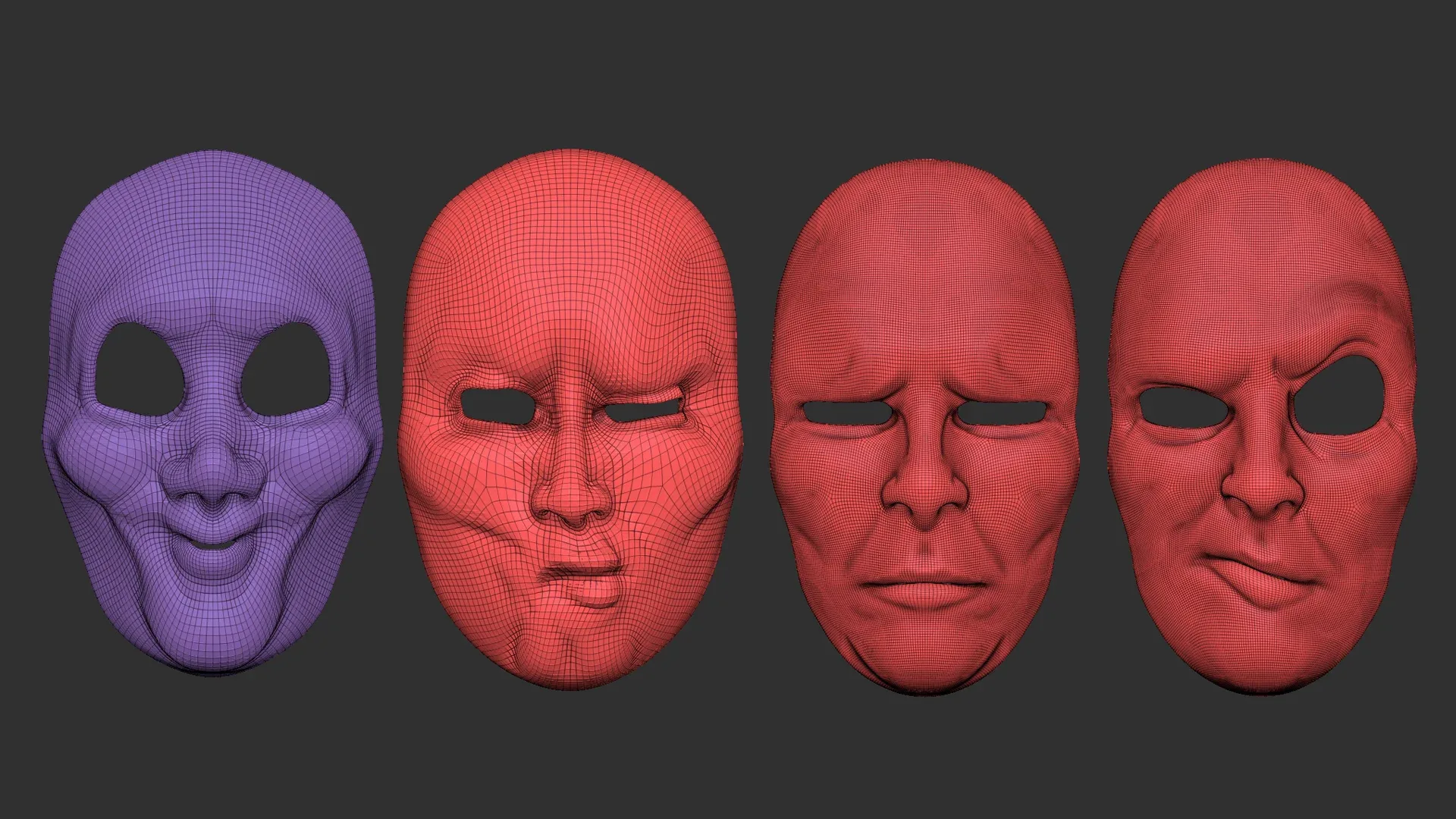 20 mime and facial expression masks IMM zbrush set + obj and fbx files.