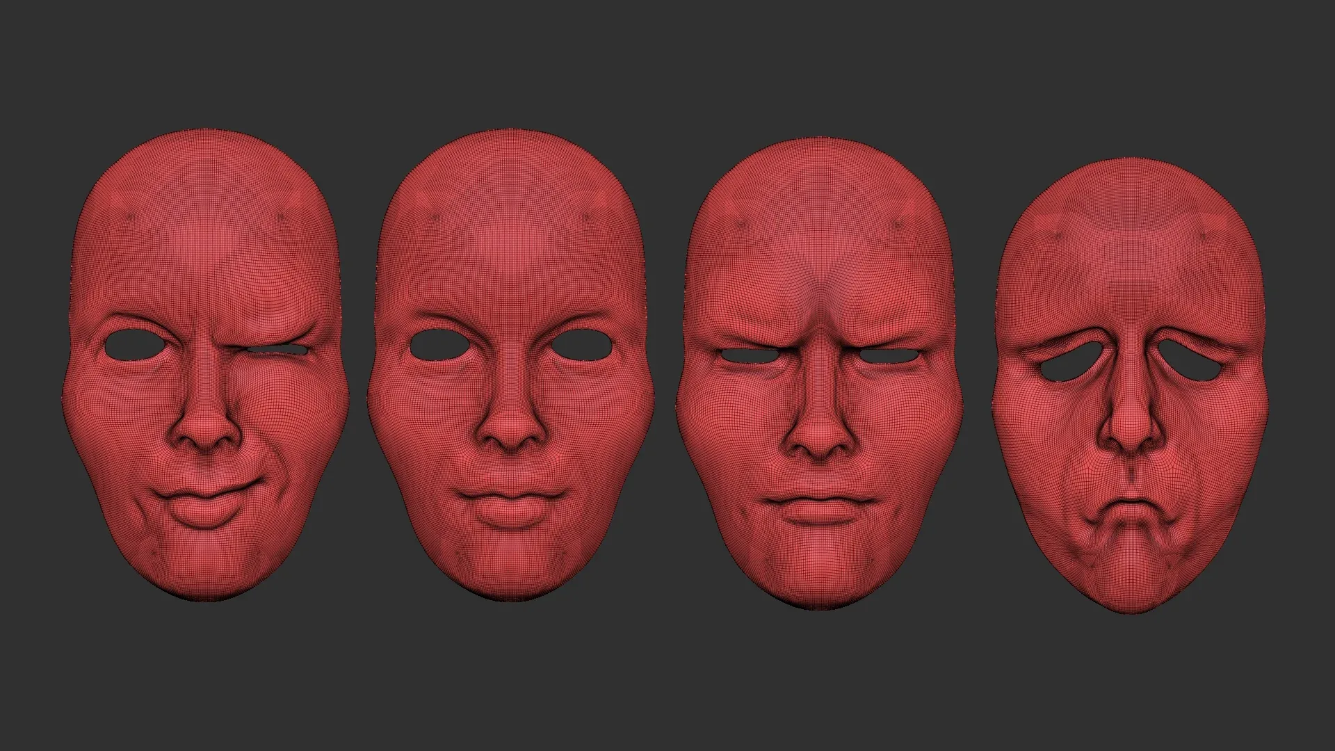 20 mime and facial expression masks IMM zbrush set + obj and fbx files.