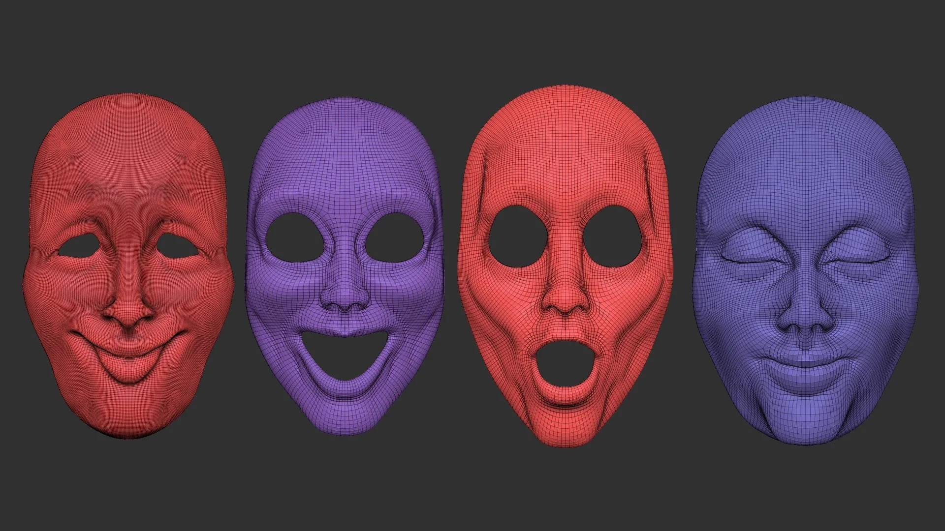 20 mime and facial expression masks IMM zbrush set + obj and fbx files.