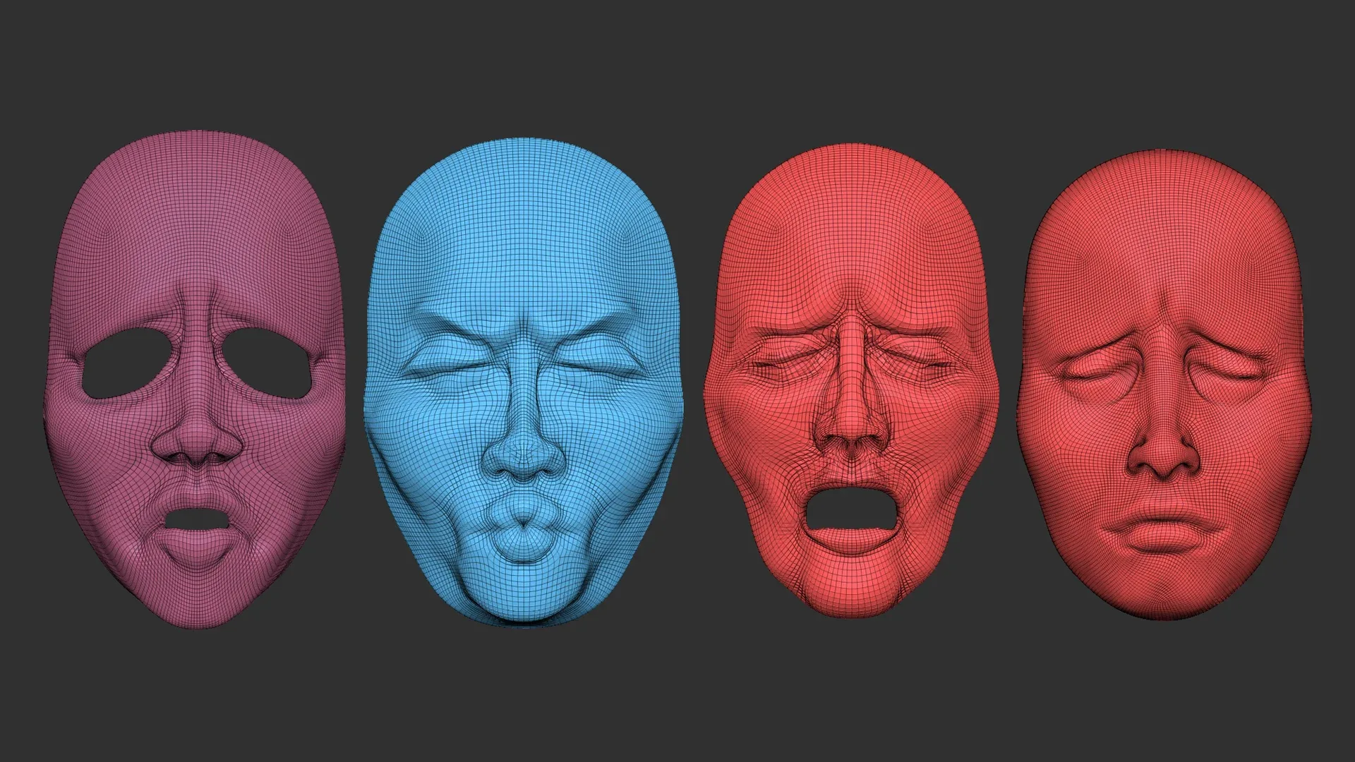 20 mime and facial expression masks IMM zbrush set + obj and fbx files.