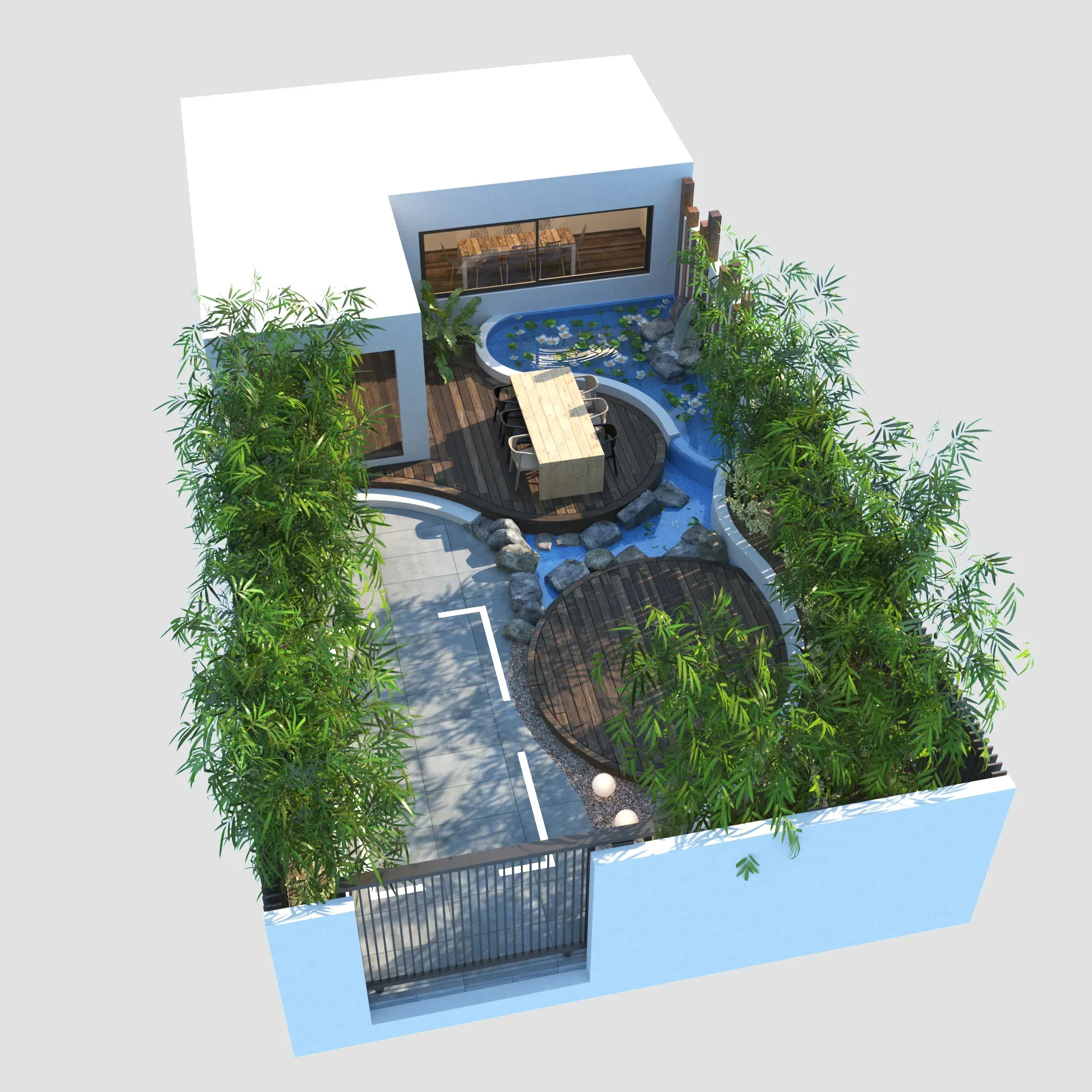 House Front garden with pool and parking area