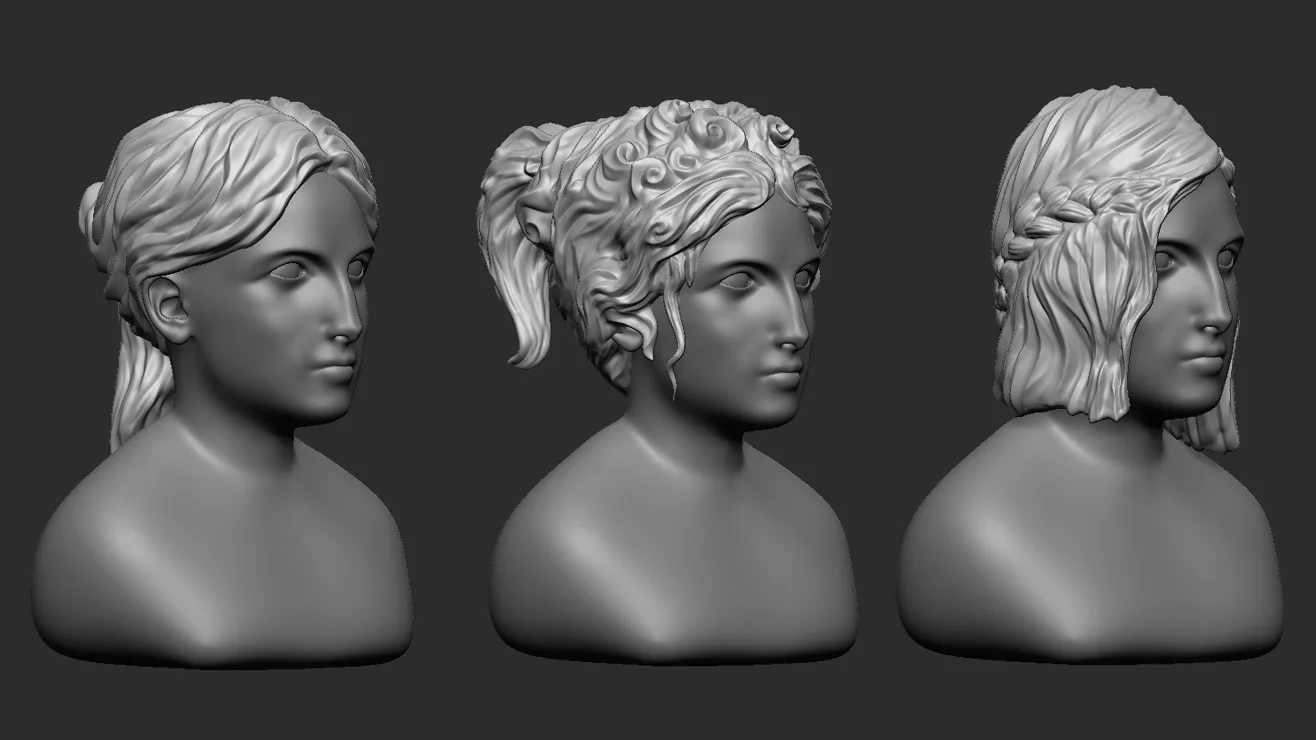 15 Female greek or roman statue hair styles and hairdoo mid-poly IMM brush set for Zbrush, fbx and obj files.