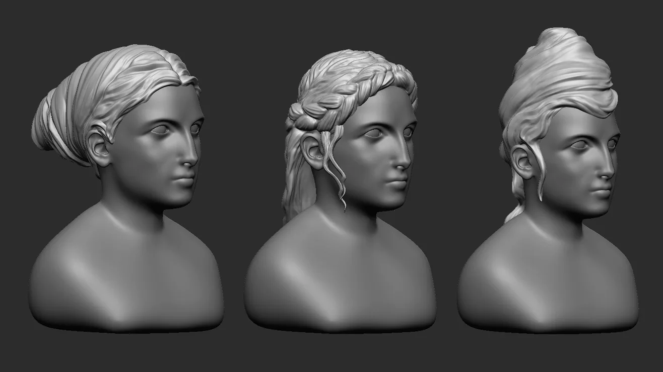 15 Female greek or roman statue hair styles and hairdoo mid-poly IMM brush set for Zbrush, fbx and obj files.