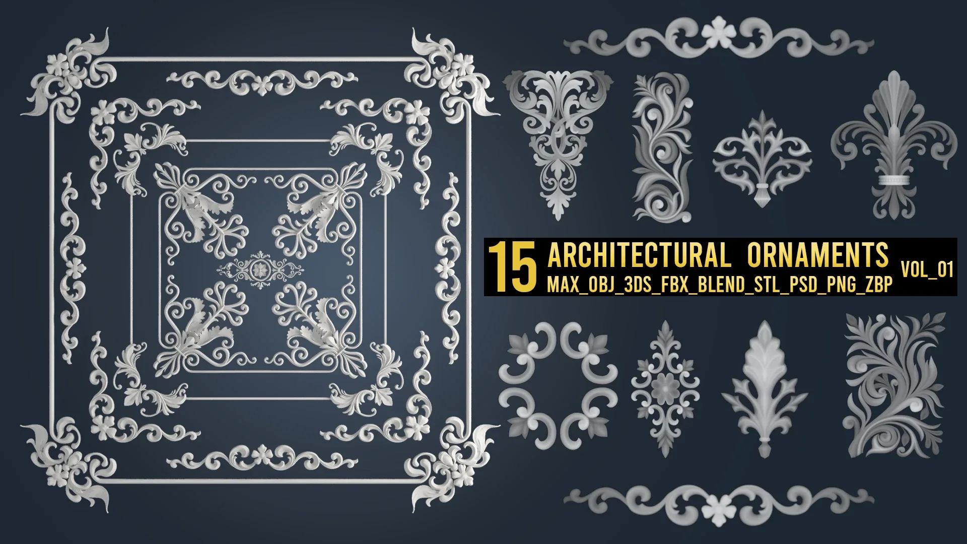 15 Architectural  Ornaments 3DModel & Brush