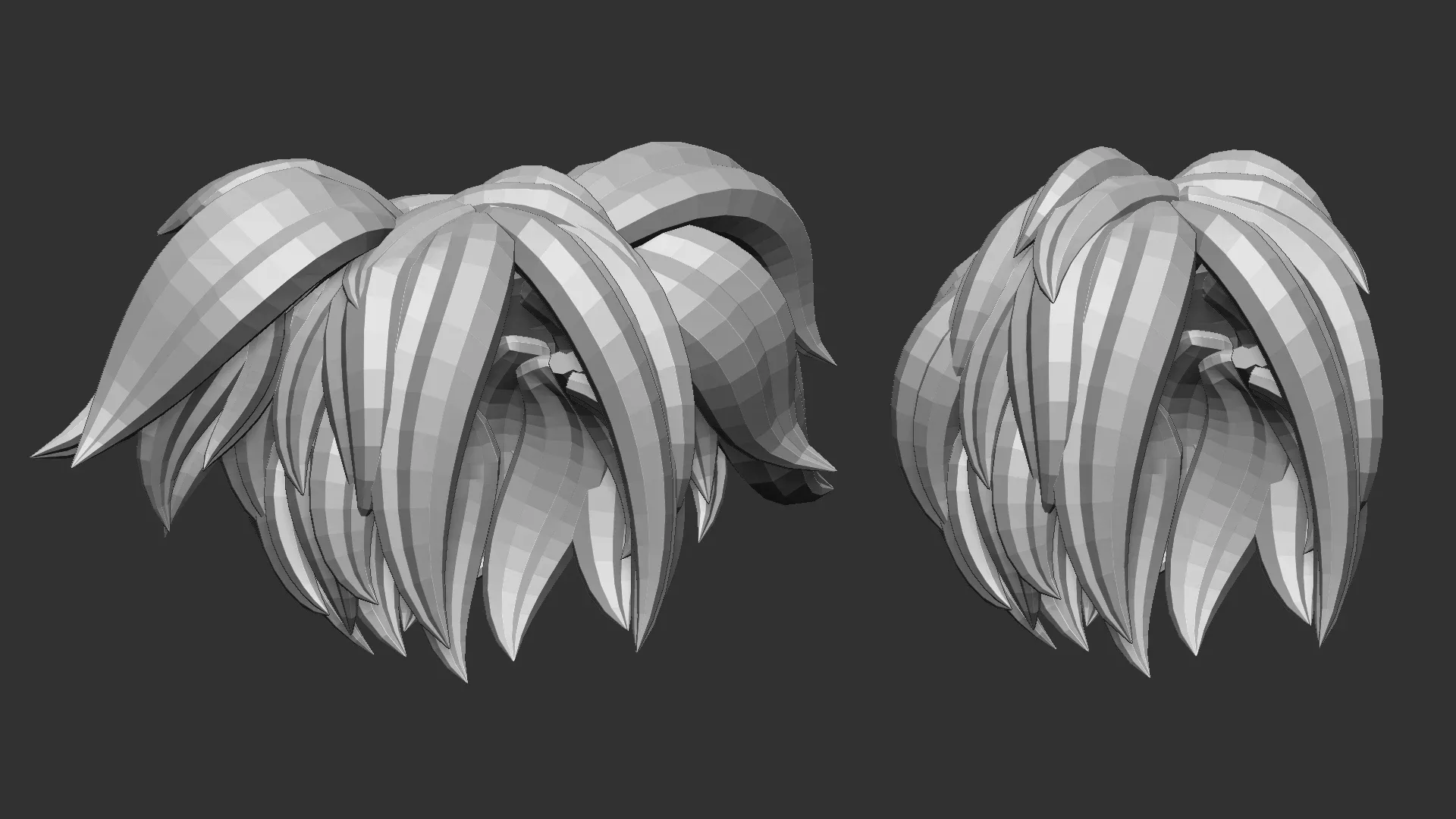 20 Female anime cartoon character hair styles and hairdoo low poly IMM brush set for Zbrush, fbx and obj files.