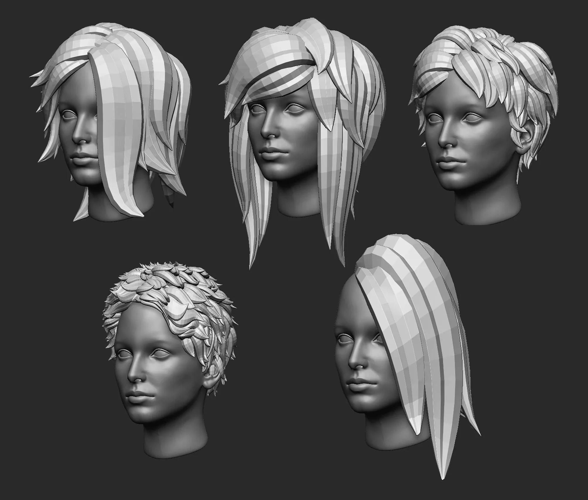 20 Female anime cartoon character hair styles and hairdoo low poly IMM brush set for Zbrush, fbx and obj files.