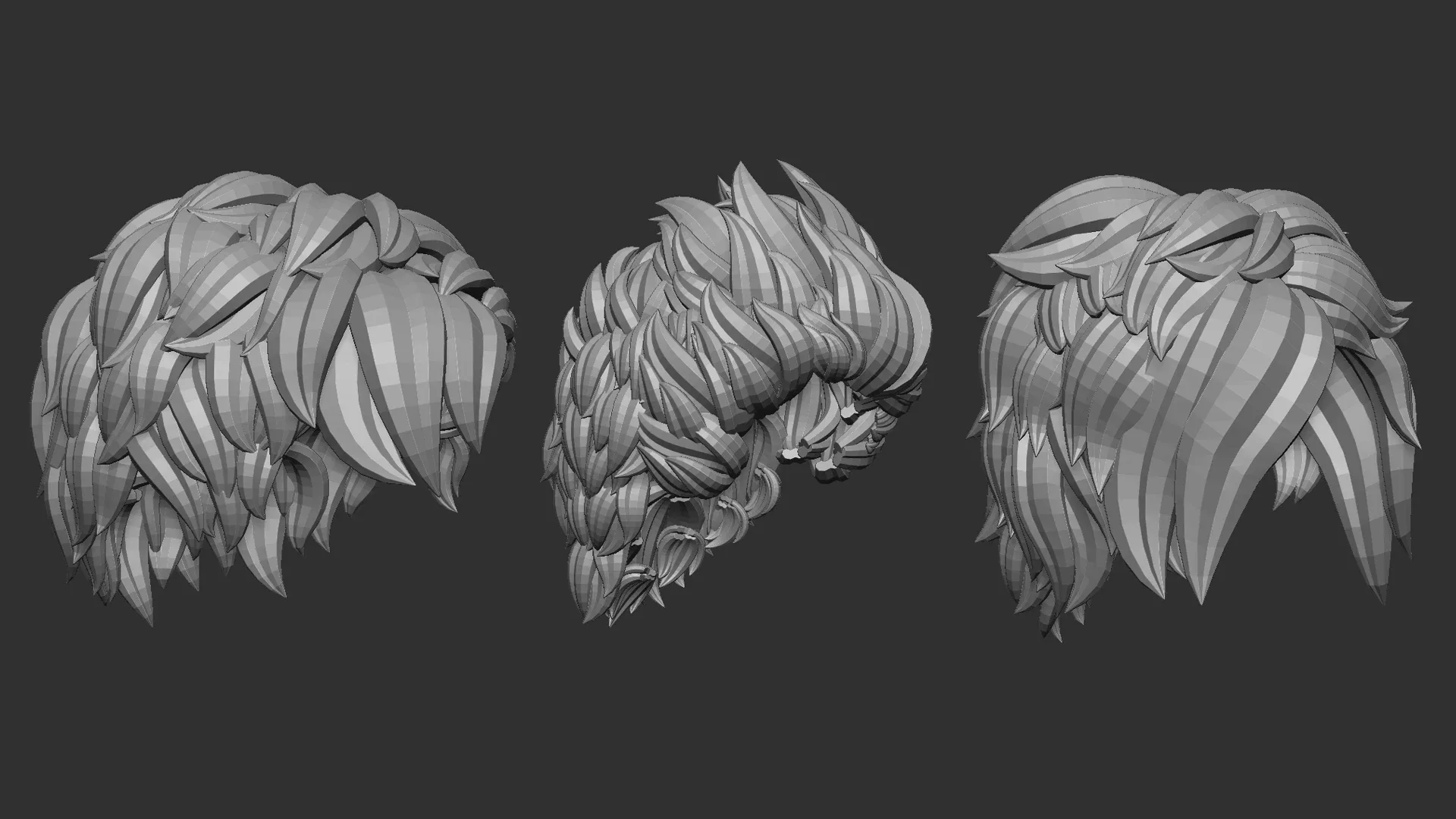 15 Male anime character hair styles and hairdoo low poly IMM brush set for Zbrush, fbx and obj files.