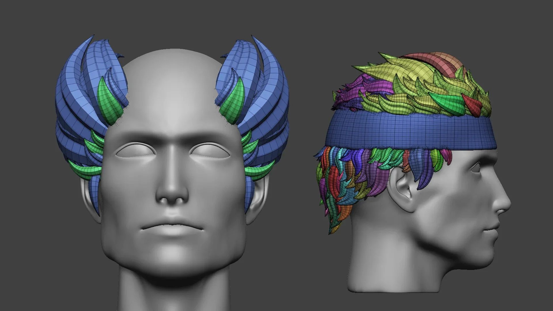 15 Male anime character hair styles and hairdoo low poly IMM brush set for Zbrush, fbx and obj files.