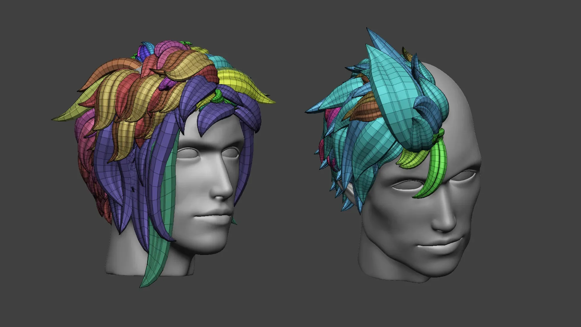 15 Male anime character hair styles and hairdoo low poly IMM brush set for Zbrush, fbx and obj files.