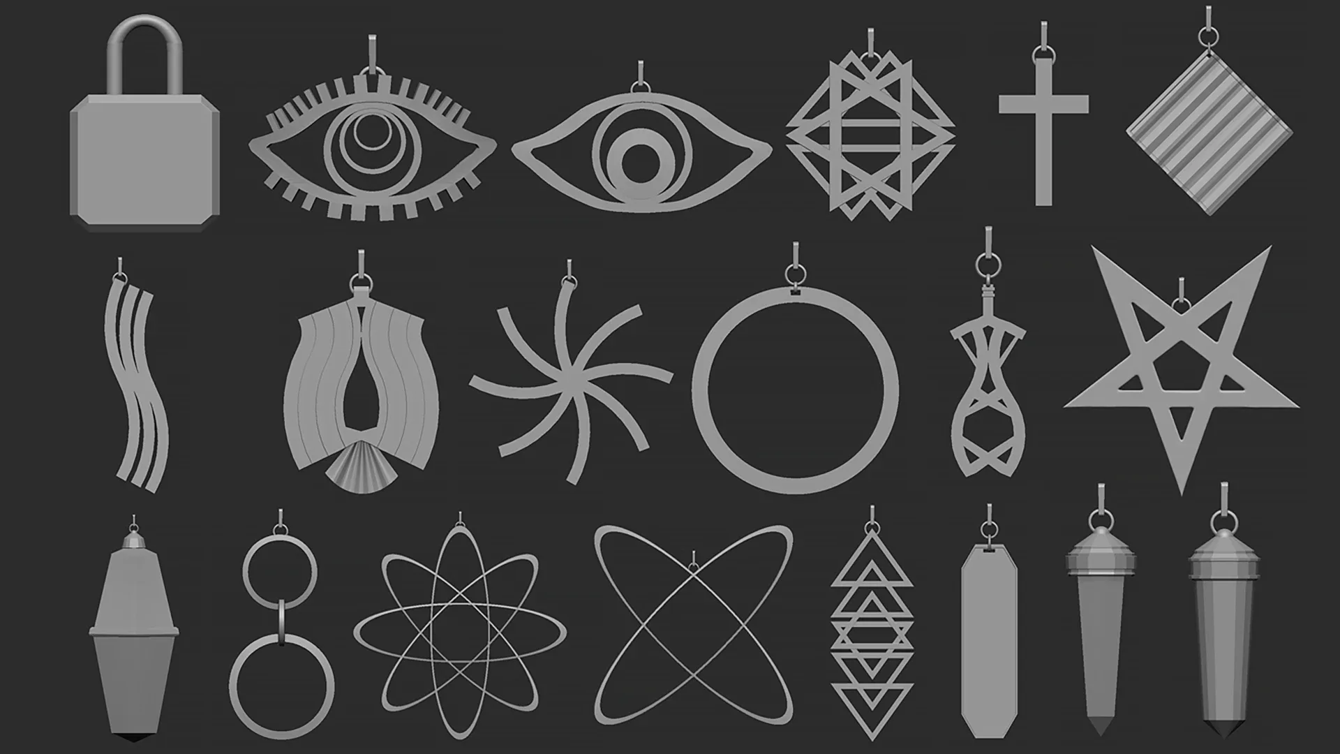 70 Low poly jewelry pendant shapes and forms IMM brush set for Zbrush, Obj and Fbx files.