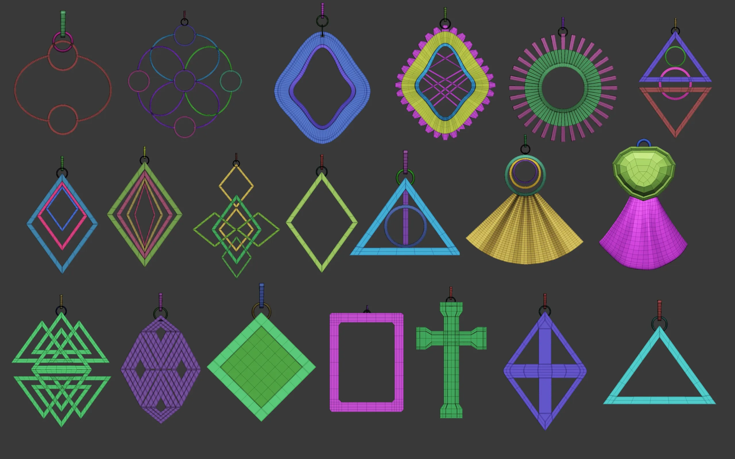 70 Low poly jewelry pendant shapes and forms IMM brush set for Zbrush, Obj and Fbx files.